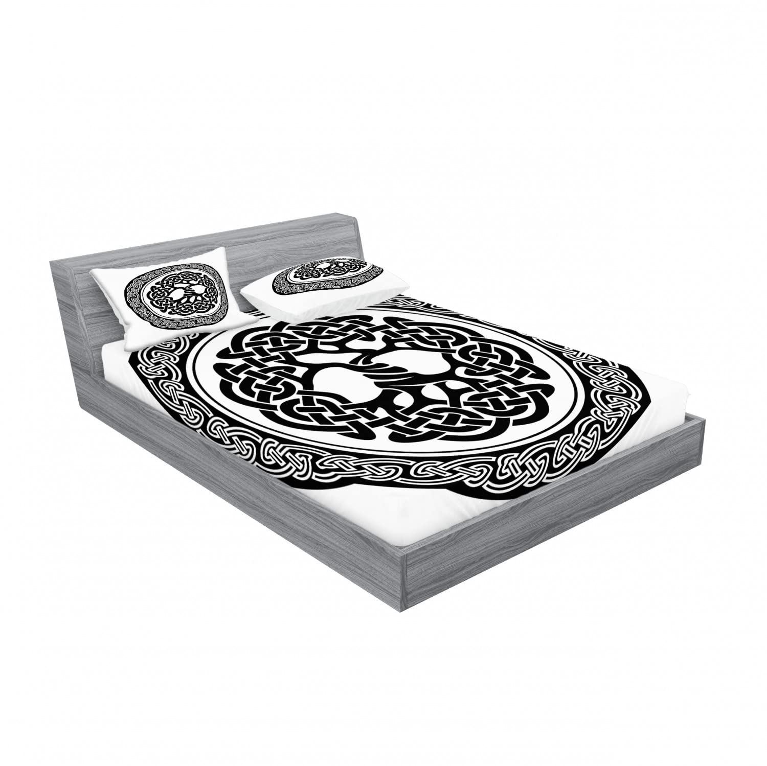 Ambesonne Celtic Tree of Life 2-Piece Queen Fitted Sheet Set with 4 Pillow Shams - Black & White Native Art Bedding Decor for Master Bedroom & Guest Room