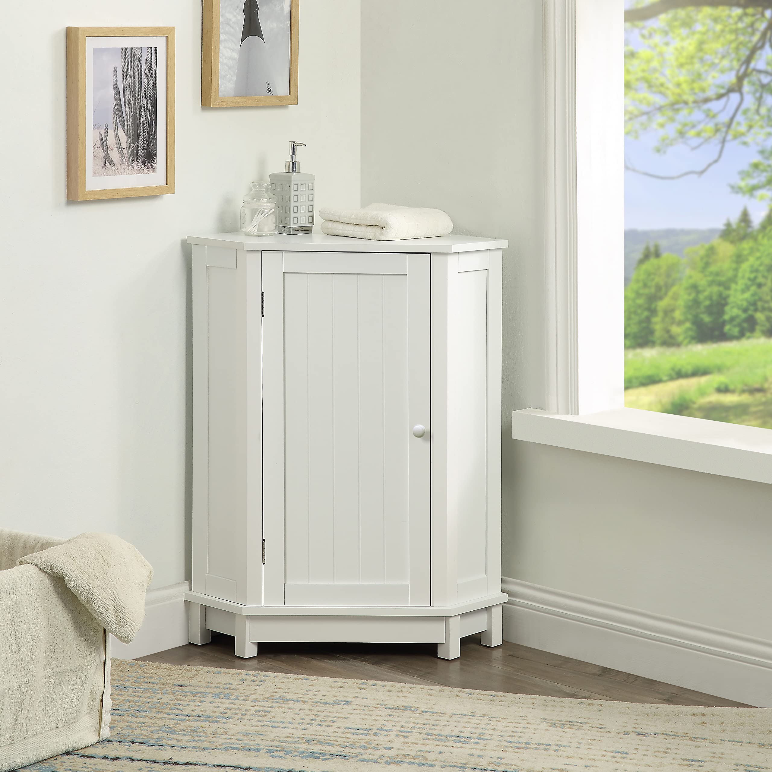 Merax White Bathroom Storage Cabinet - 1 Door Adjustable Shelf Triangle Corner Cabinet for Bathroom, Toilet, Laundry Room Organization