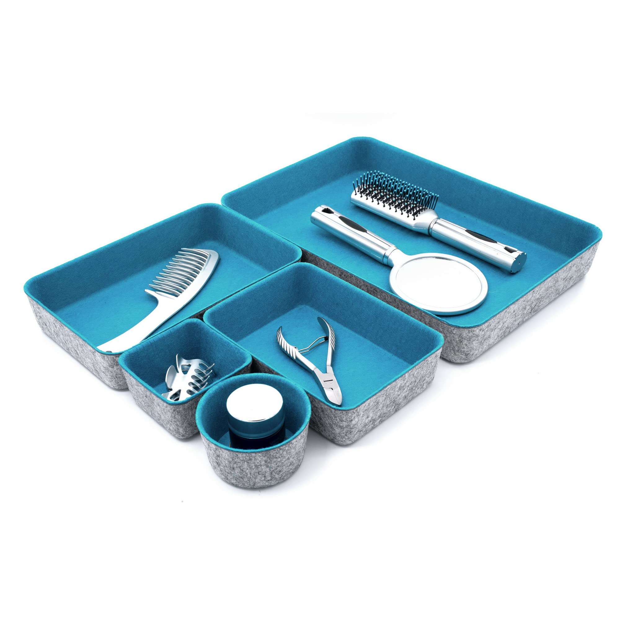 Welaxy 5-Piece Round Felt Desk Drawer Organizer Set - Turquoise Storage Bins for Office Paper, Letters, Documents, Magazines & Files - Perfect for Home, Office & Workspace Organization
