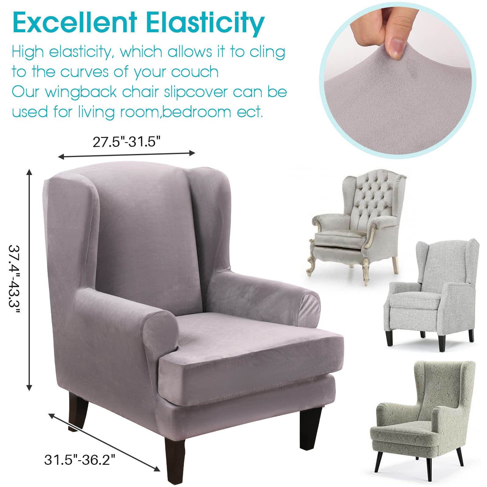 TOPCHANCES 2-Piece Stretch Velvet Wingback Chair Slipcover - Soft Plush Elastic Armchair Cover for Wingback Chairs | Perfect for Living Room, Bedroom & Home Decor