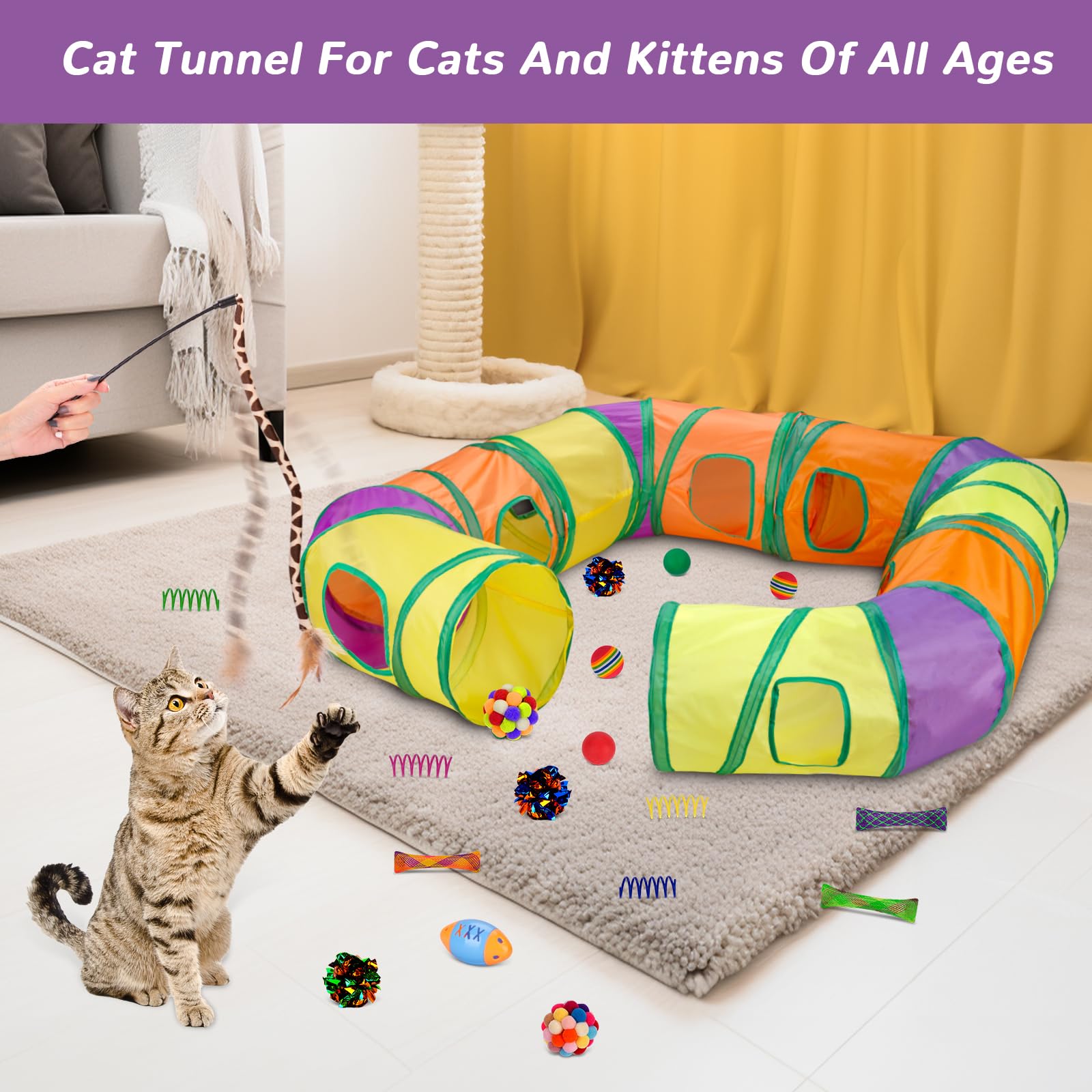 25 Pcs Cat Toys Set: Interactive Feather Teaser Wand, 4 Collapsible Cat Tunnels, Springs, Mouse, Crinkle Toys, Rainbow Football Ball with Bell - Perfect for Indoor Kittens and Cats Playtime