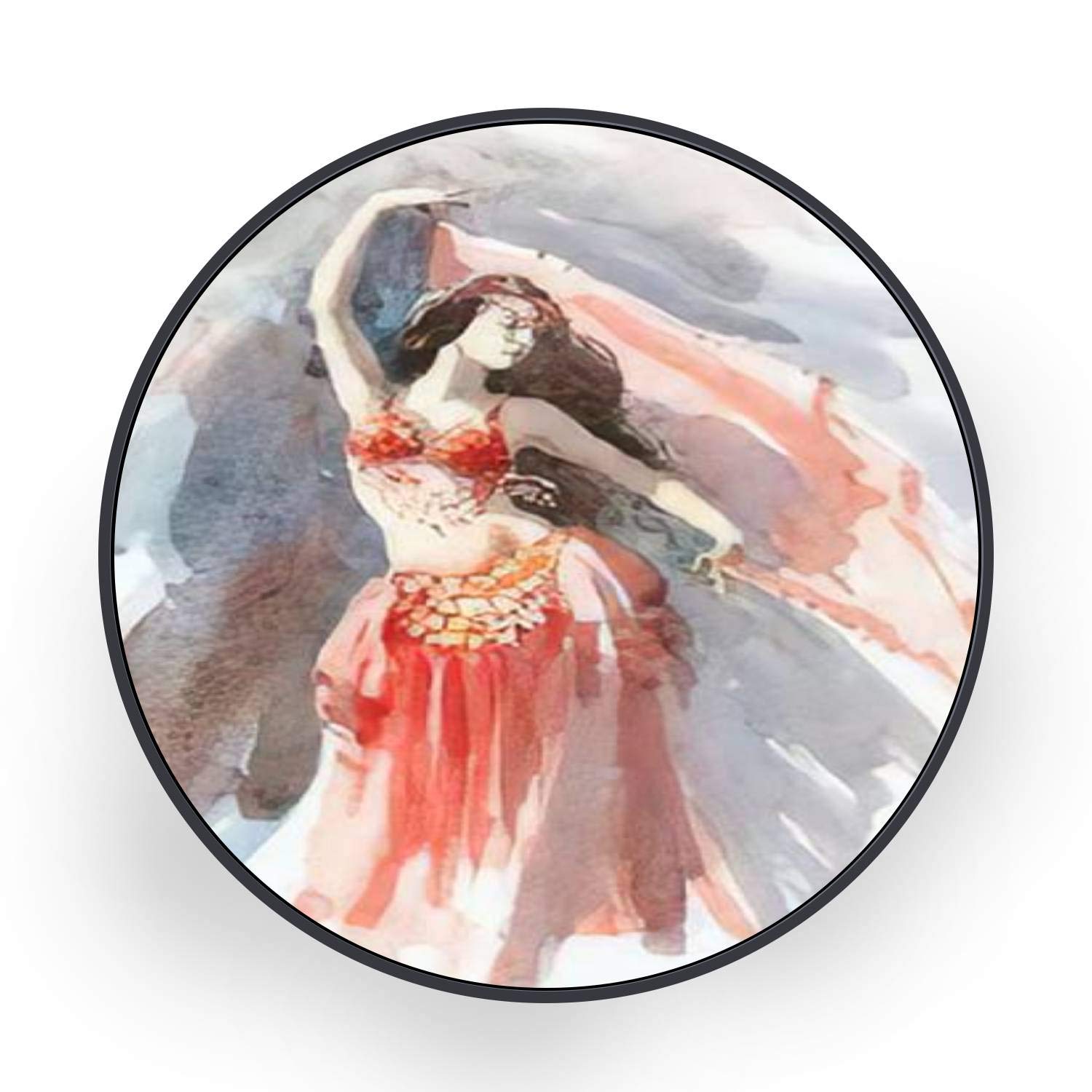 Hand Painted Watercolor Belly Dancer Canvas Wall Art - Red Costume Round Painting with Black Frame - 32 Inch Ready to Hang Home Decor for Bedroom, Living Room & Office - Perfect for Bohemian & Mediterranean Style Interiors