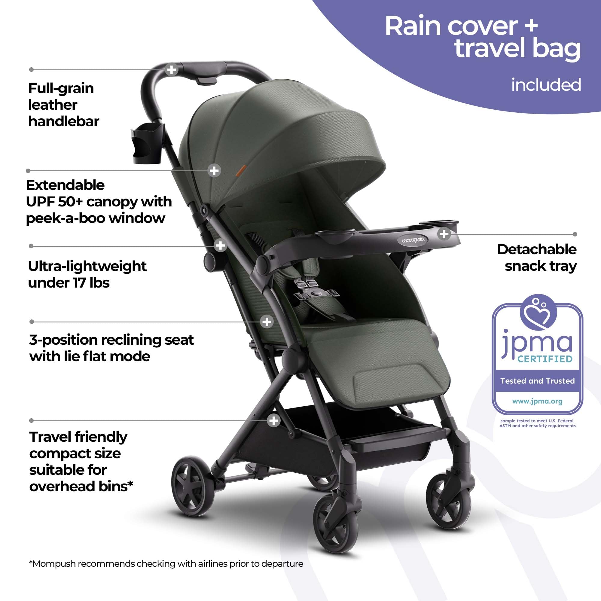 Mompush Lithe V2 Ultra Lightweight Compact Travel Stroller with Snack Tray, Cup Holder & Rain Cover - Airplane Approved Foldable Baby Stroller with Near Flat Recline Seat & Travel Bag - Perfect for Air Travel, Shopping, and Daily Walks