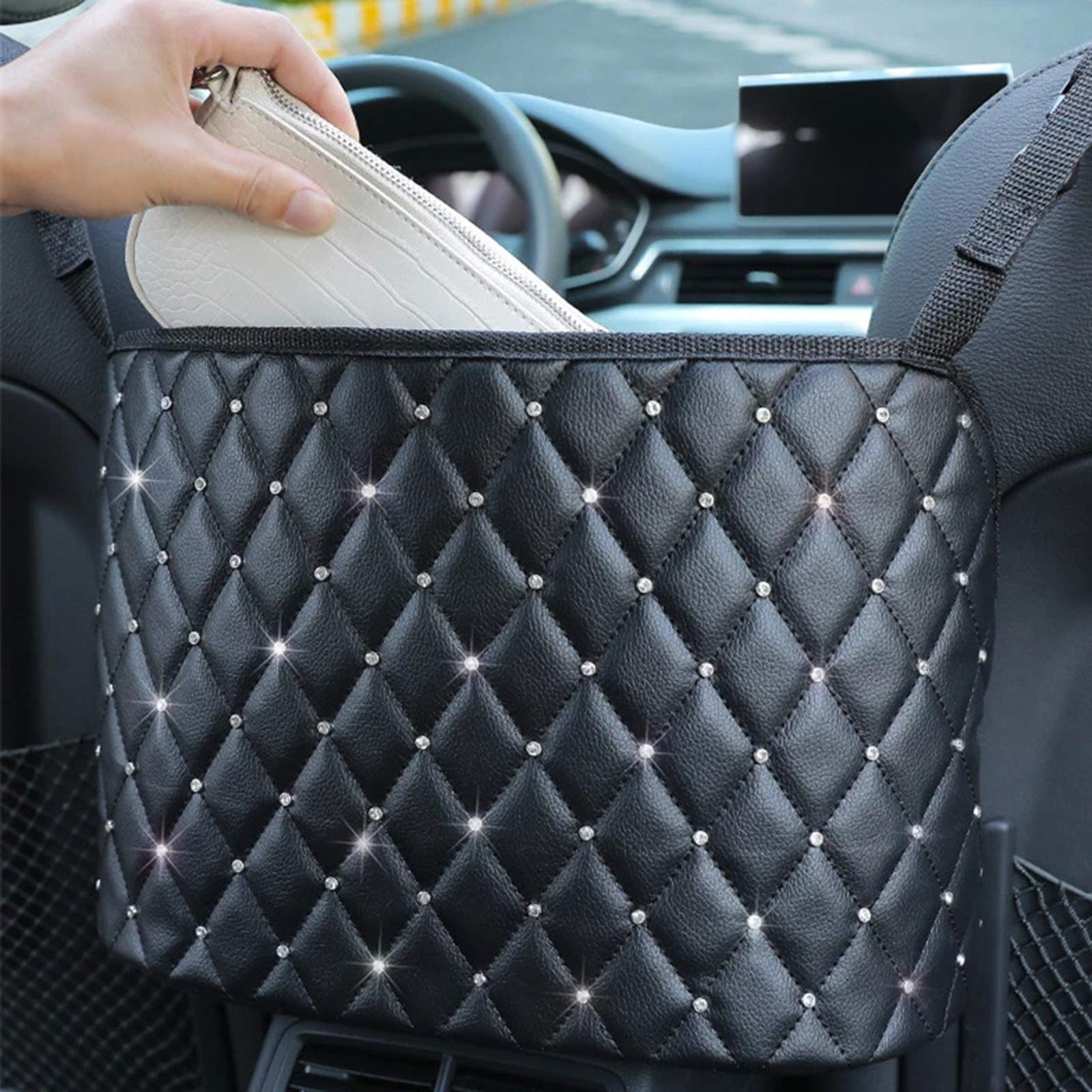 Universal PU Leather Car Seat Organizer - Hanging Handbag & Purse Holder Between Seats, Backseat Storage Net for Kids & Pets - Perfect for Road Trips, Commuting & Family Travel Accessories