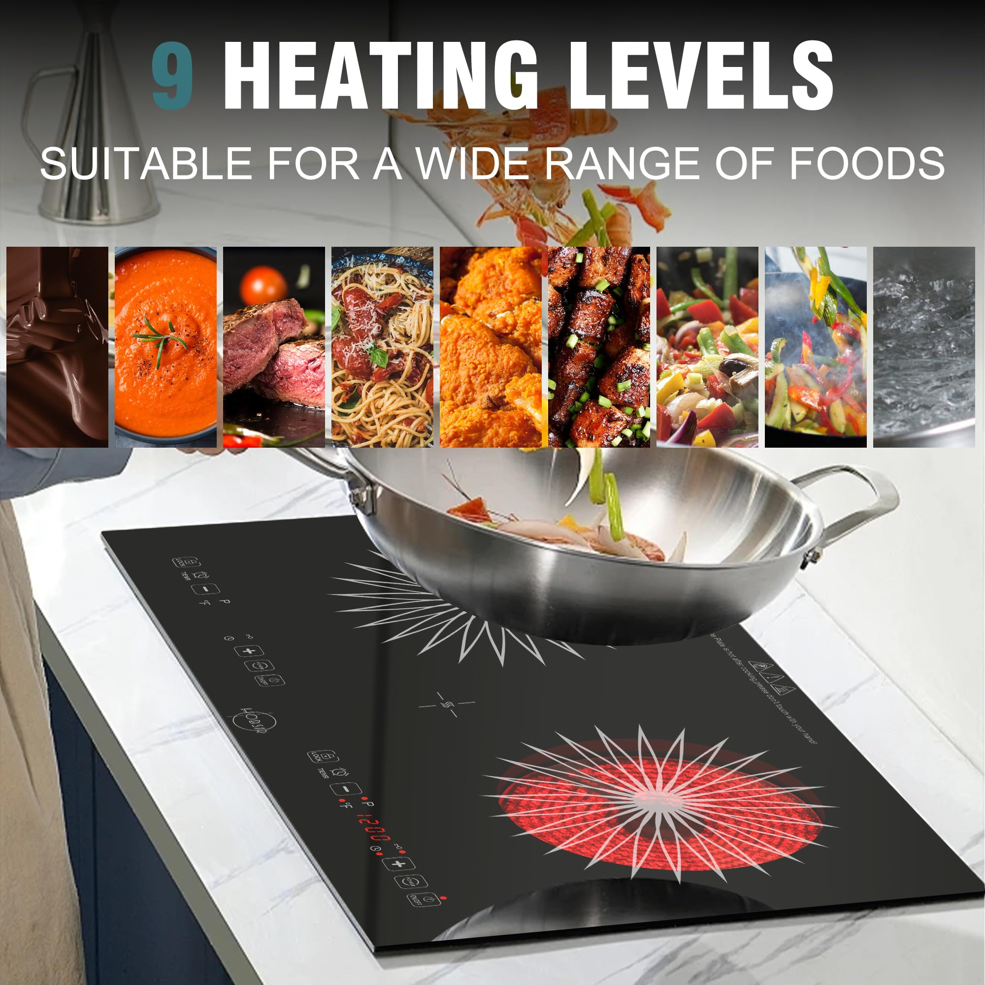 Hobsir 24 Inch 2 Burner Electric Cooktop 110V - Double Induction Stove with LED Touch Screen & Safety Lock - Built-in/Countertop for Kitchen, Apartment, RV & Camping - Perfect for Small Spaces & Outdoor Cooking