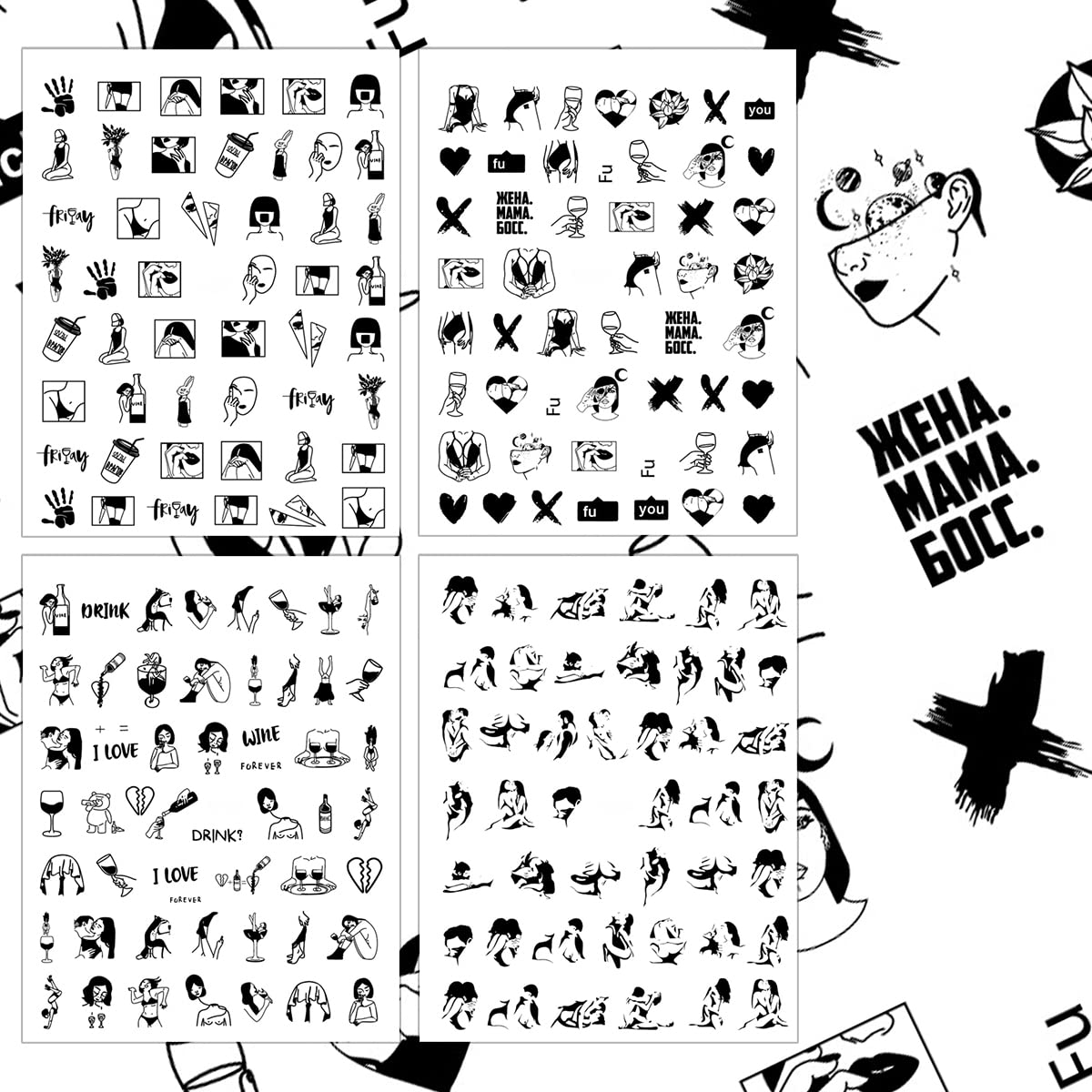 Bad Girl Nail Stickers - 8 Sheets 3D Black White Nail Decals for Women | Party & Night Out Nail Art