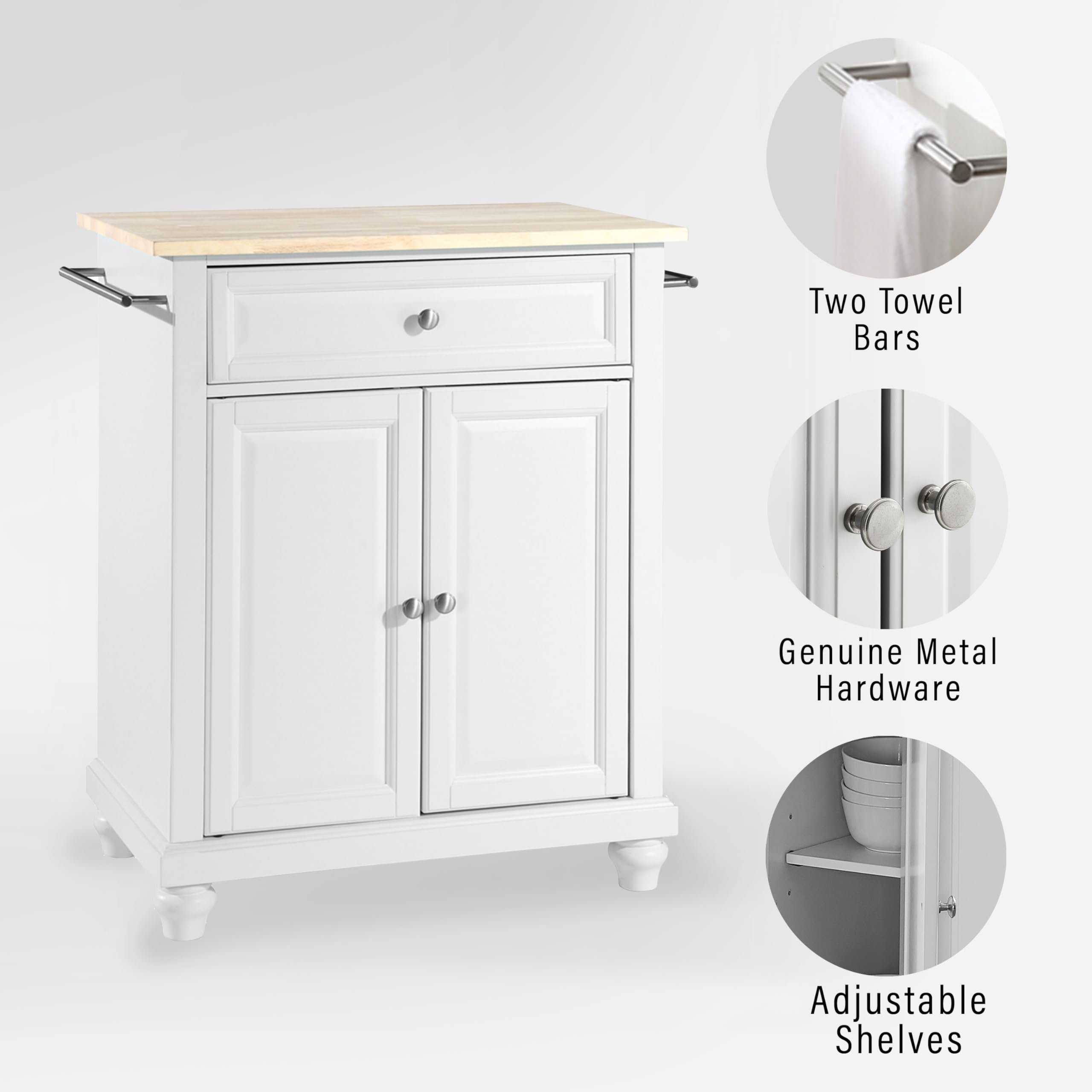 Crosley Cambridge White Wood Top Portable Rolling Kitchen Island Cart with Storage - Microwave Stand for Small Spaces, Perfect for Kitchen, Dining Room, or Apartment