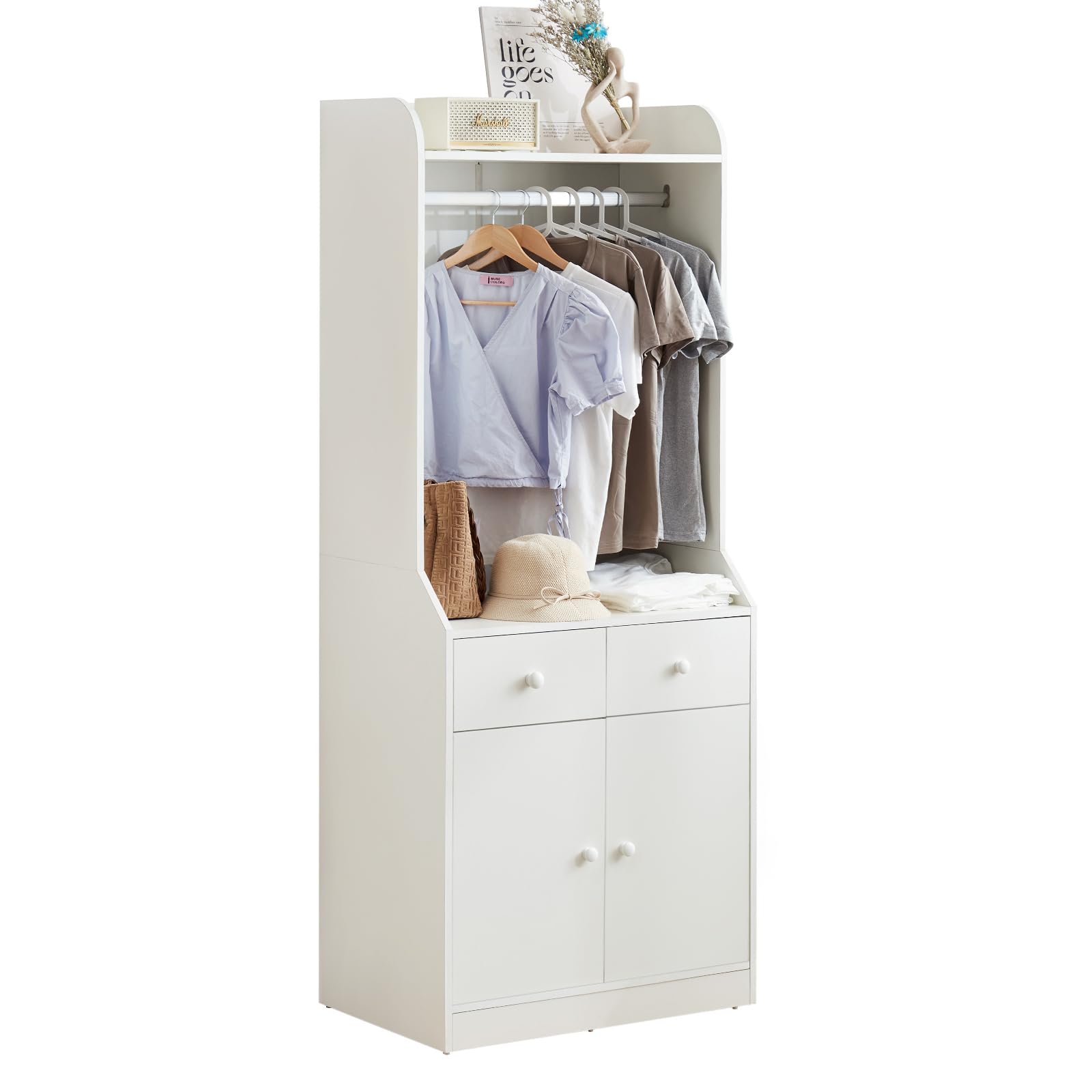 Karl Home Armoire Wardrobe Closet for Hanging Clothes - Open Wardrobe Cabinet with Adjustable Shelves, 2 Drawers & 2 Doors - Freestanding Closet Organizer for Bedroom, Living Room or Dorm - White