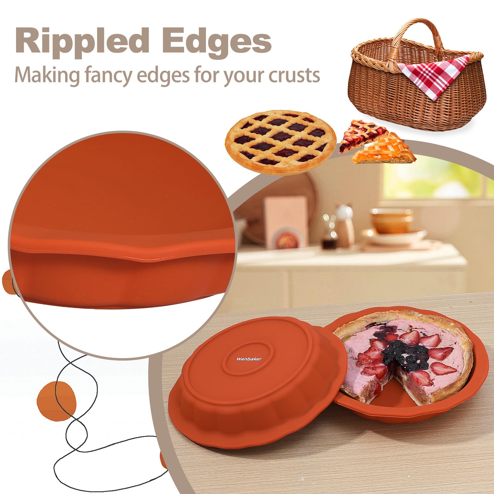 Non-Stick Silicone Pie Pans for Baking - 9 Inch Reusable Pie Dish with Corrugated Edge, Dishwasher & Microwave Safe (Red) - Perfect for Thanksgiving, Christmas Desserts & Homemade Pies