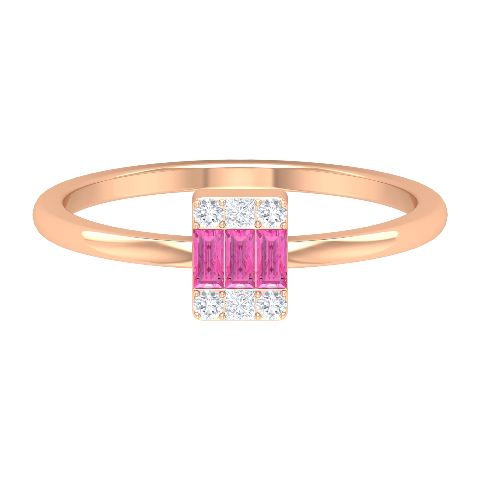 1/4 CT Pink Sapphire and Diamond Ring - 14K Solid Gold Baguette Cut Pink Sapphire Cluster Ring for Women | Elegant Minimalist Jewelry for Engagement, Wedding, Anniversary & Special Occasions