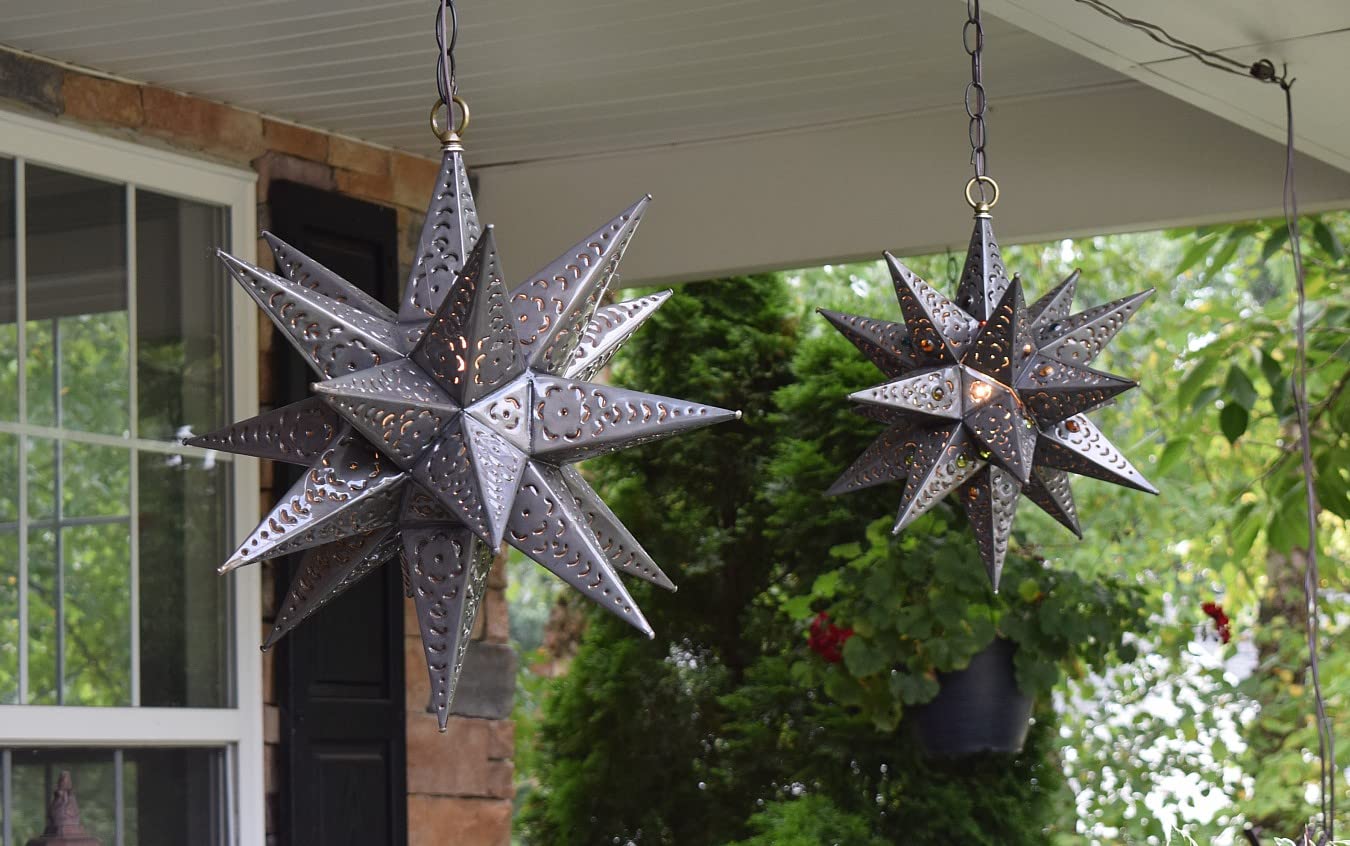 12 Inch Moravian Hanging Tin Star Light with Flower Cut Design and Glass Marbles - Christmas Decor, Holiday Home Lighting, Outdoor Patio Decoration