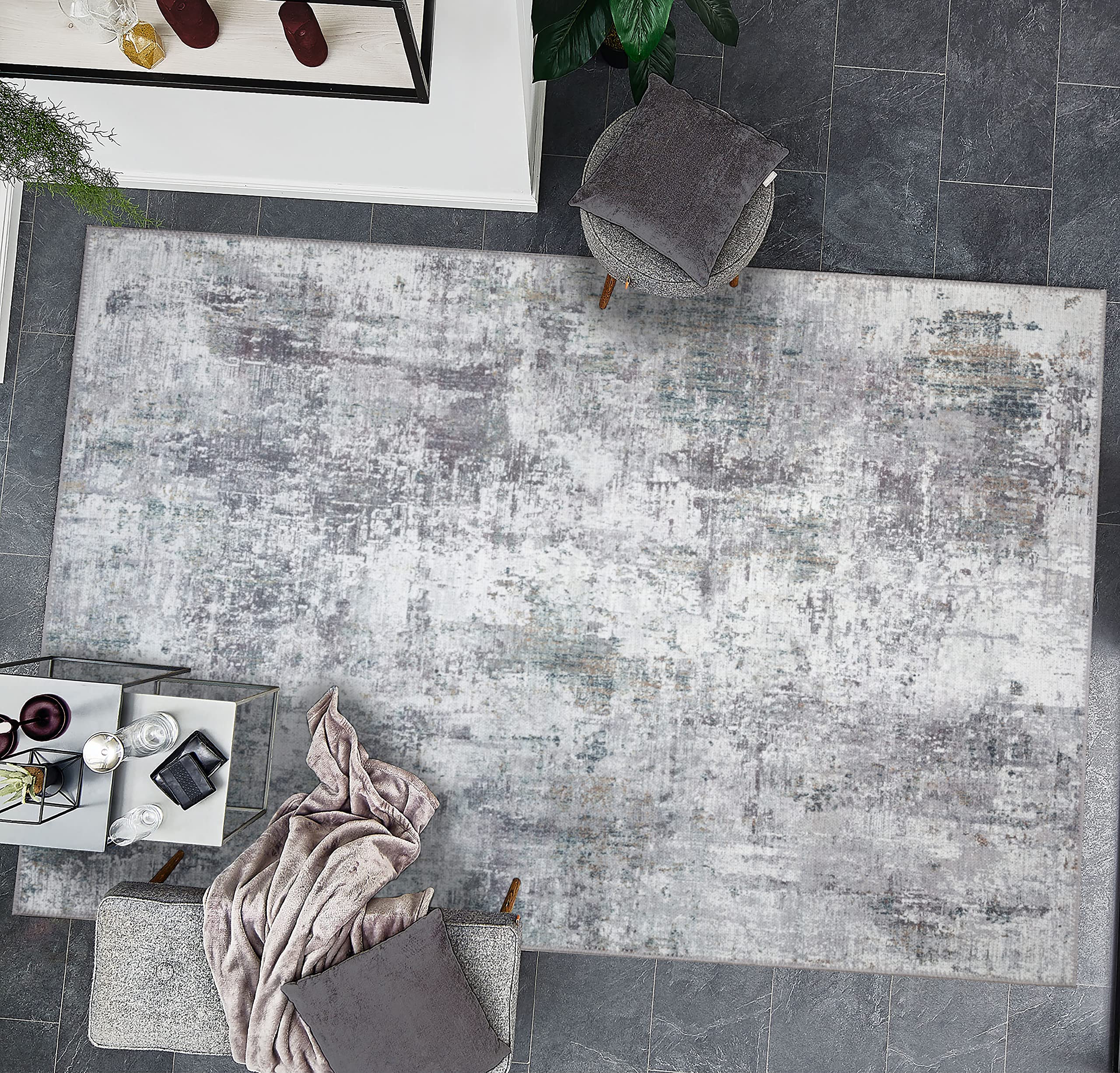 GLN Rugs Contemporary Collection - Machine Washable Modern Area Rug 5'x7' Gray | Non-Slip Abstract Design for Living Room, Bedroom & Bathroom | Easy-Clean Home Decor for High Traffic Areas
