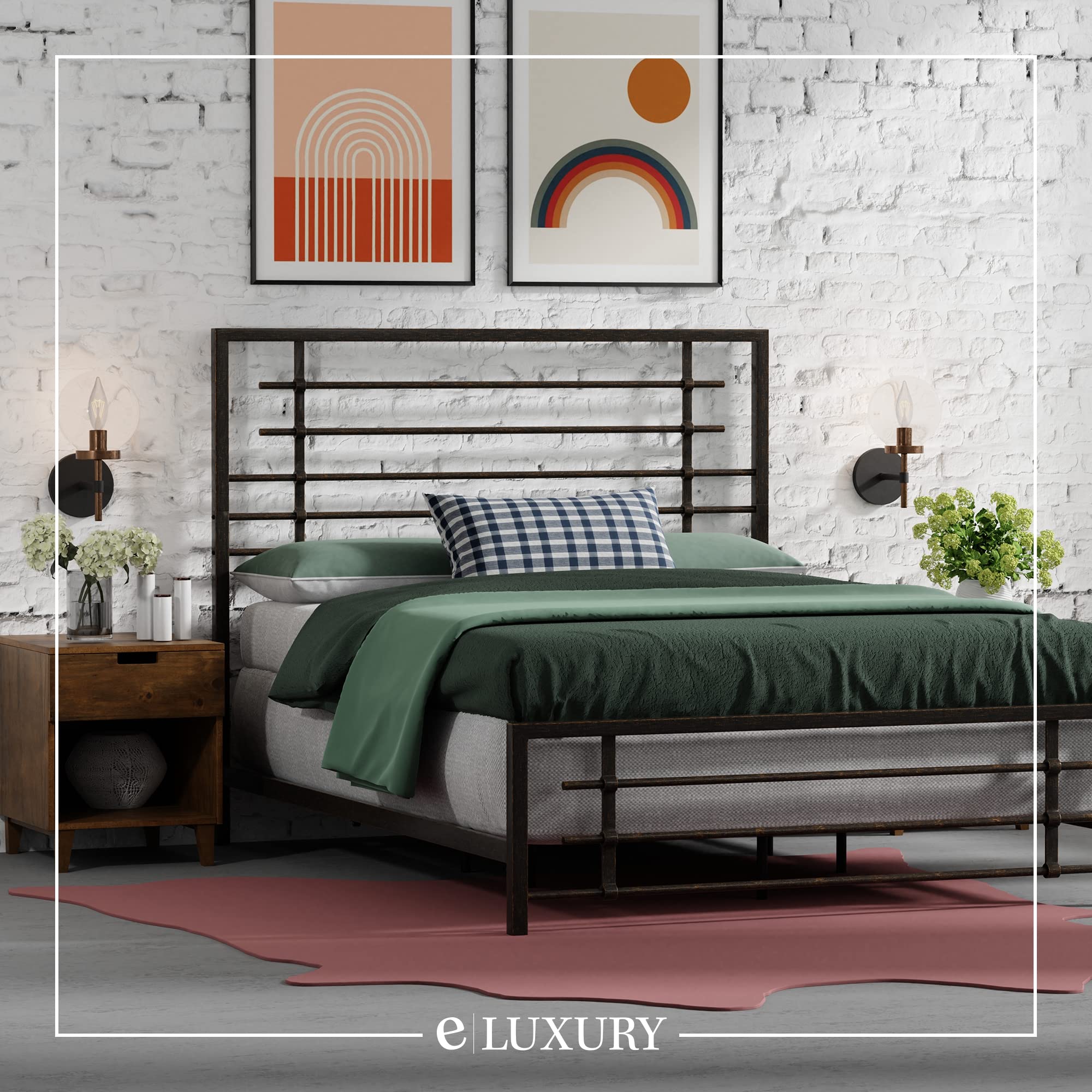 eLuxurySupply Metal SNAP Bed Frame - Heavy Duty Carbon Steel Platform Bed with Rustic Pewter Finish - Easy Assembly California King Size Bed Frame with Headboard & Footboard - Sturdy Steel Construction for Bedroom, Guest Room or Dorm