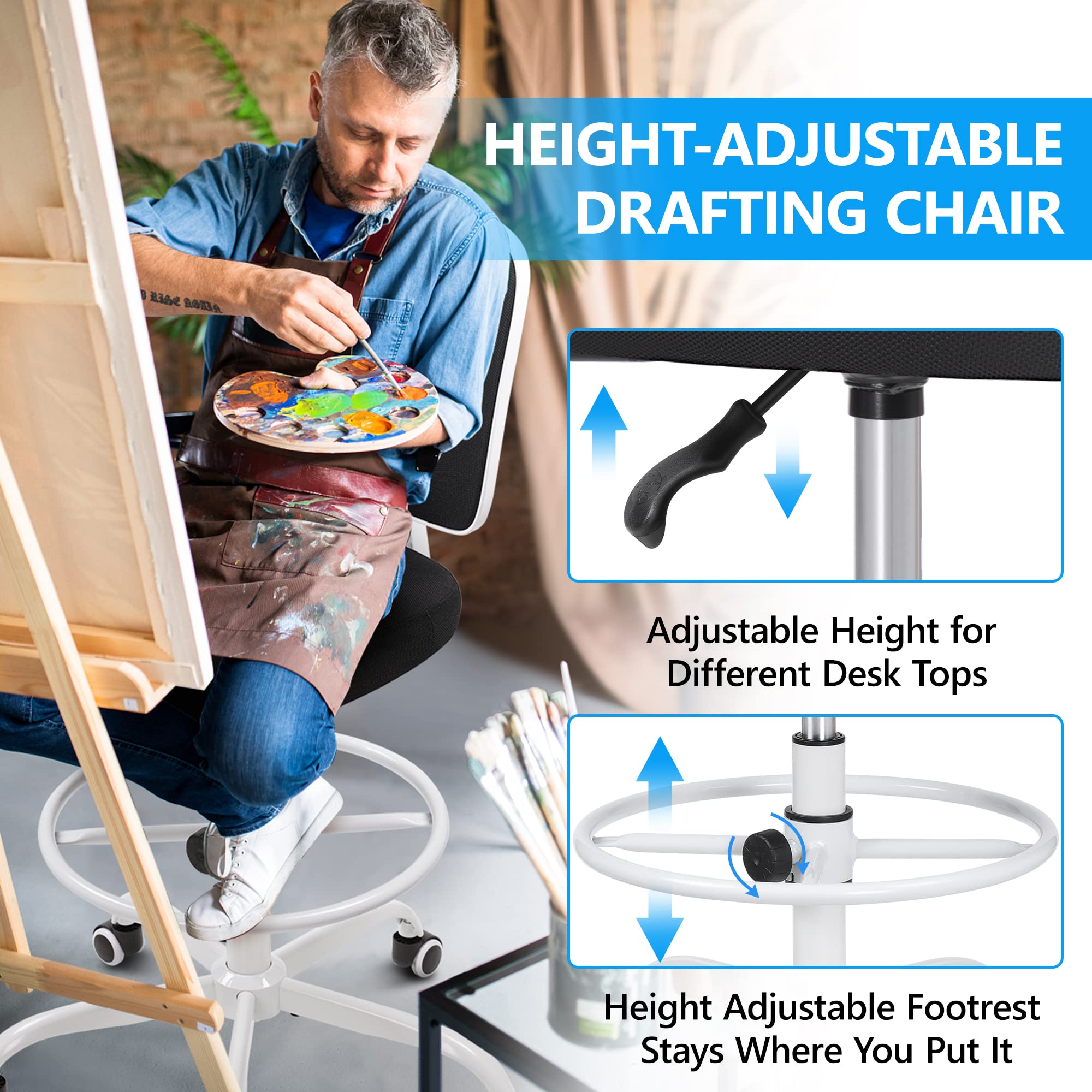 Primy Ergonomic Drafting Chair - Adjustable Height Armless Office Chair with Footring, Mid-Back Mesh Rolling Stool for Artists, Standing Desk & Home Office (White) | Perfect for Art Studios, Architects & Long Work Sessions