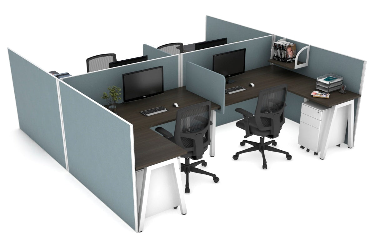 Quadro A Legs 4-Person Corner Workstation - H Configuration White Frame [1600L x 1800W with Cable Management] | Modern Office Desk for Home & Business Workspaces