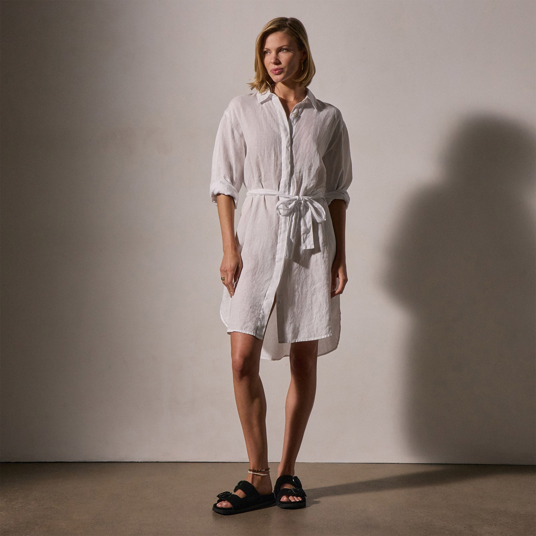 White Linen Shirt Dress with Tie - Women's Summer Casual Wrap Dress for Beach, Office & Date Night