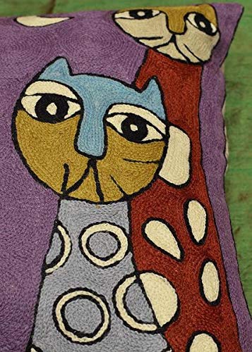 Hand Embroidered Abstract Cat Pillow Cover - 18x18 Inch Purple Picasso Cat Face Cushion | Soft Wool Kitty Accent Pillow for Sofa & Bed | Perfect Gift for Cat Lovers | Home Decor & Cozy Living Room Accessory