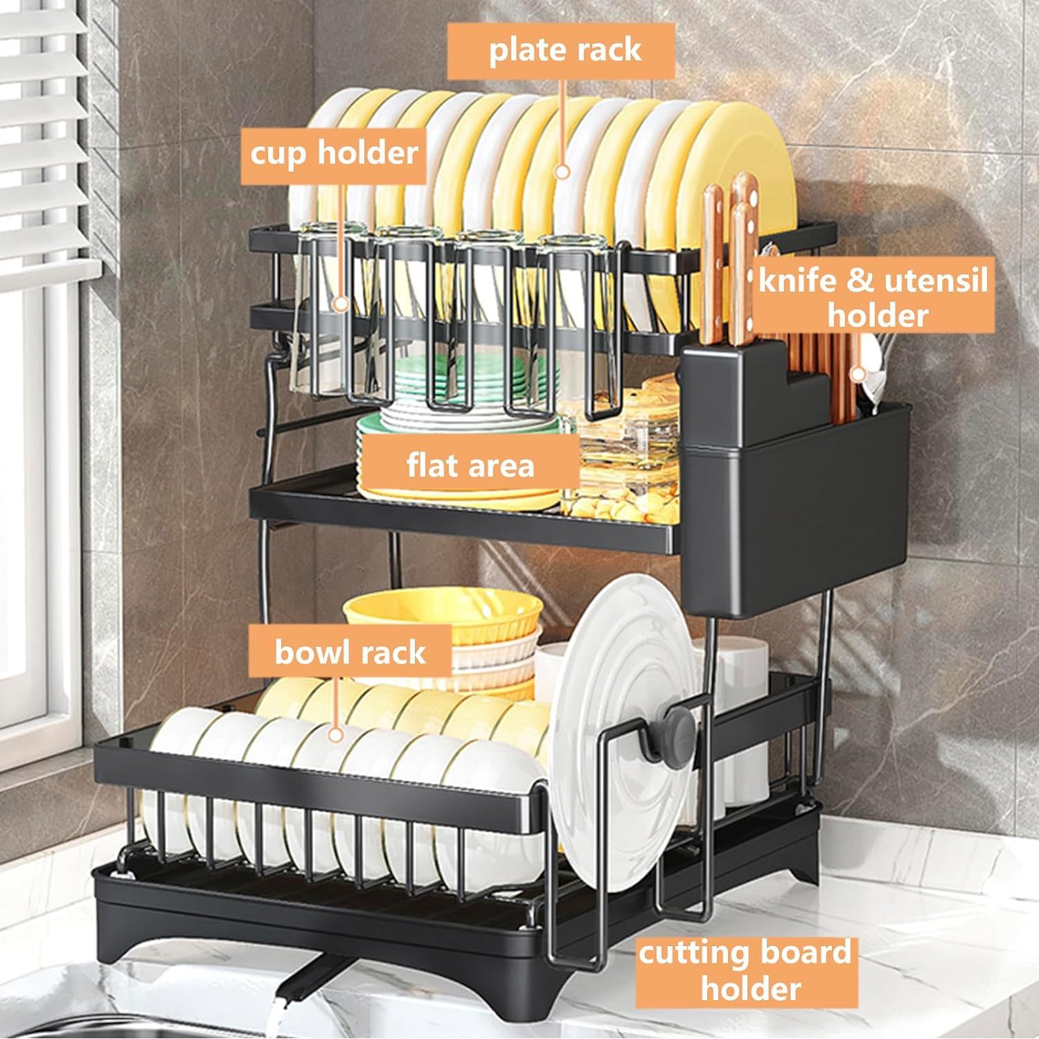 NYTRYD Adjustable Over Sink Dish Drying Rack - 85 x 30 x 80cm Full Carbon Steel Kitchen Drainer Shelf with Multifunctional Organizers | Space-Saving Storage Solution for Small Kitchens & Apartments