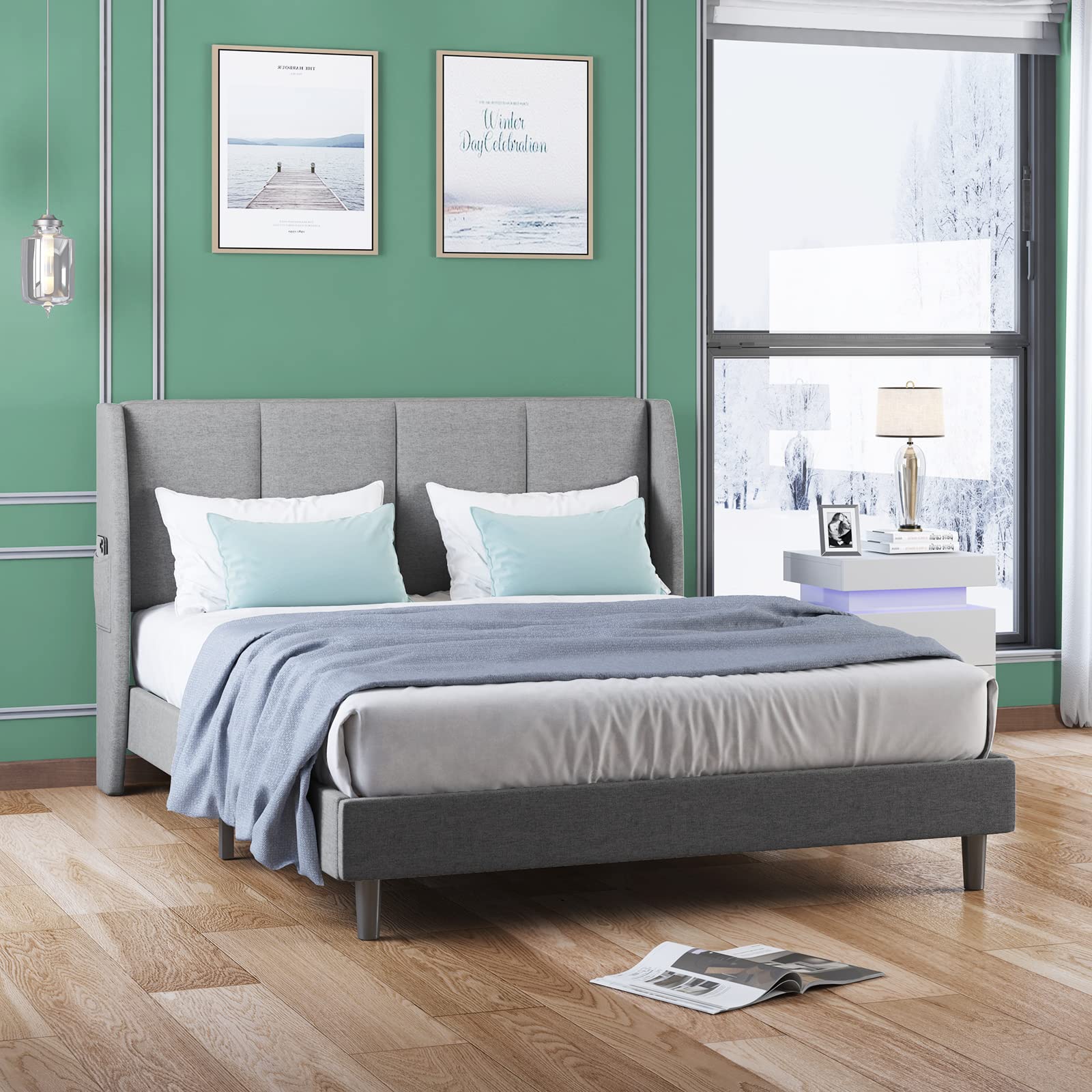 King Size Muzz Platform Bed Frame - Modern Bed with 2 Large Side Storage Pockets, No Box Spring Needed, Easy Assembly, Dark Gray | Perfect for Small Bedrooms, Guest Rooms & Minimalist Home Decor