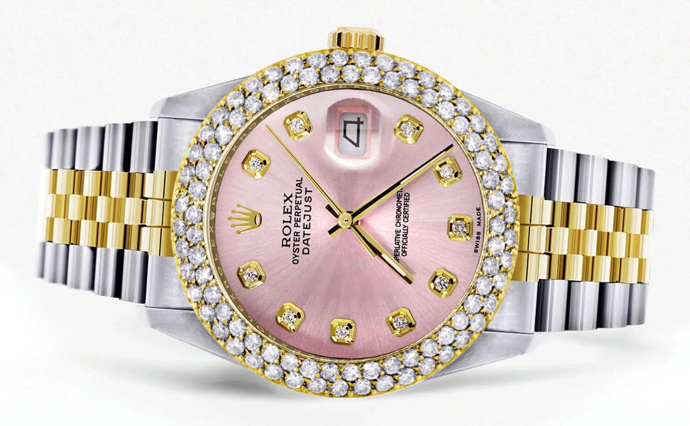 Luxury Diamond Gold Rolex Watch For Men 16233 | 36mm Custom Rose Dial | 4.25 Carat Two Row Bezel | Jubilee Band | Perfect for Business, Gifts & Special Occasions
