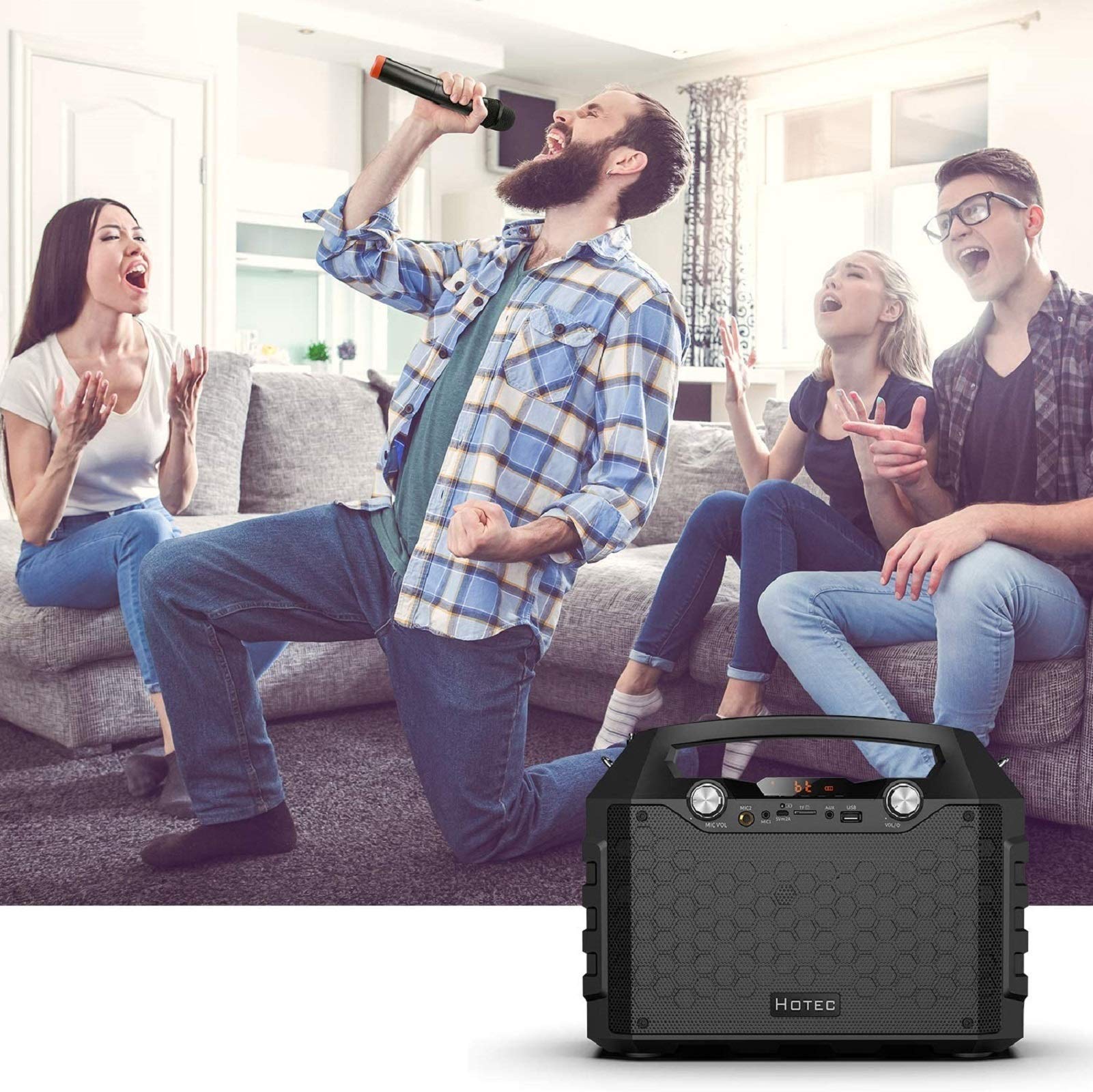 Hotec Wireless Bluetooth PA Speaker with Dual Microphones - Portable Karaoke Machine for Party, Wedding, Teaching | Indoor & Outdoor Use for Events, Church, Lectures, Classroom Activities