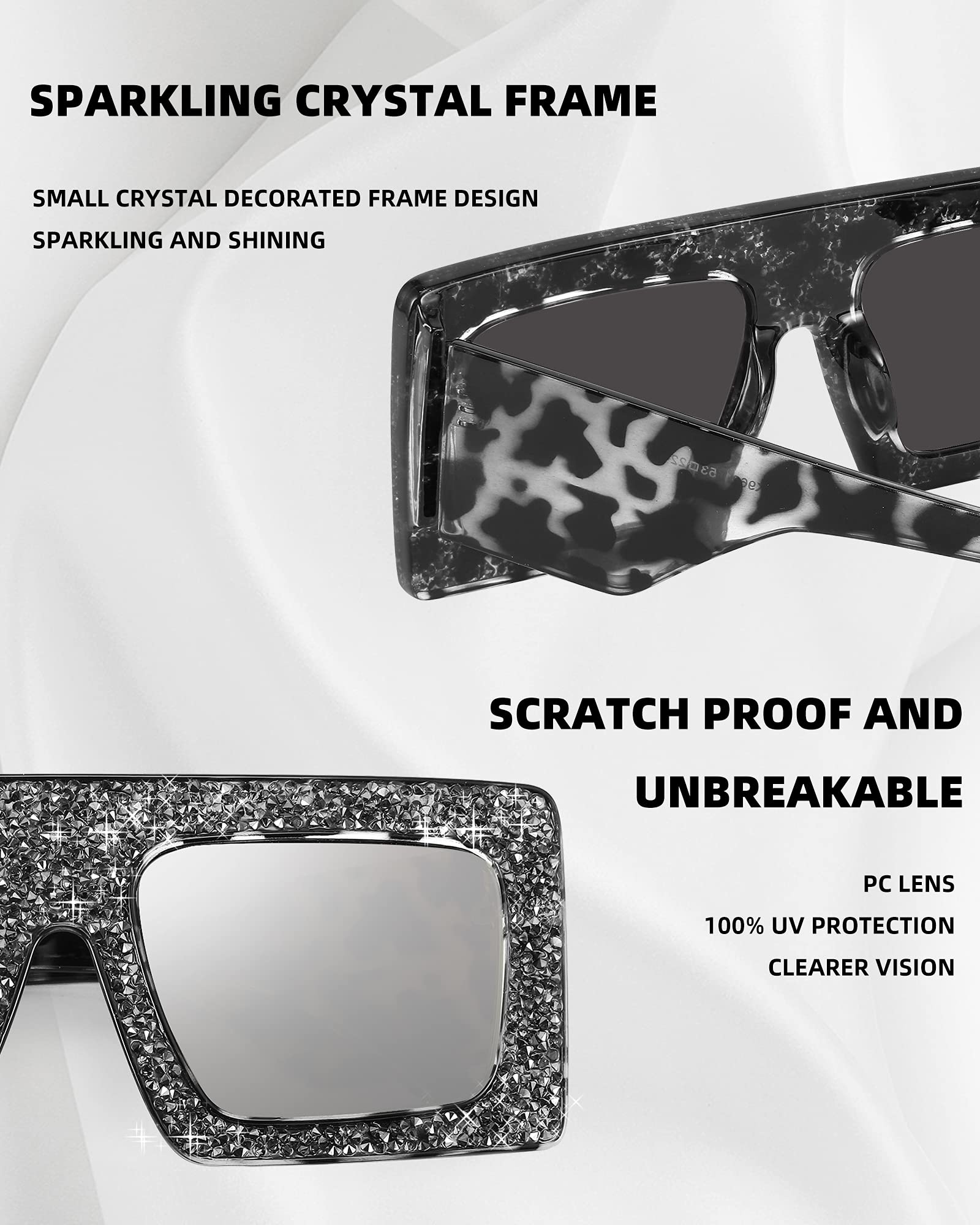 FEISEDY Women's Square Thick Frame Sparkling Rhinestone Crystal Sunglasses - Trendy Bling Fashion Accessory for Summer Outfits, Beach Vacations & Party Wear (B4038)