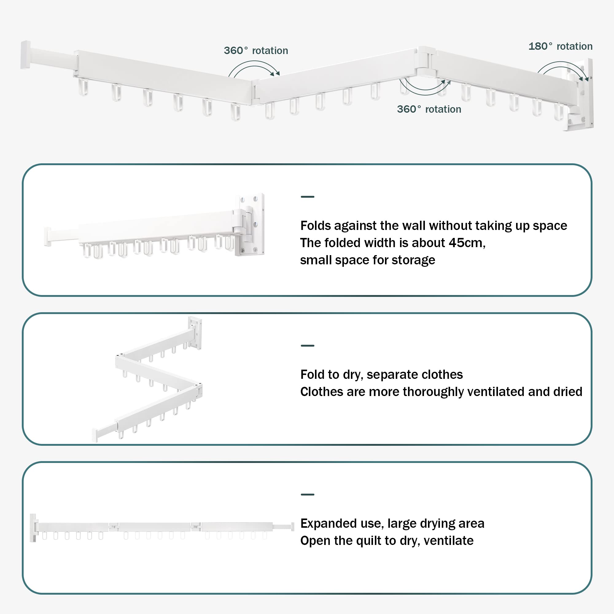 Wall Mounted Drying Rack - Foldable & Retractable Clothes Hanger for Laundry - Space Saving Collapsible Garment Rack with Hooks (White) - Perfect for Small Apartments, Bathrooms & Balconies