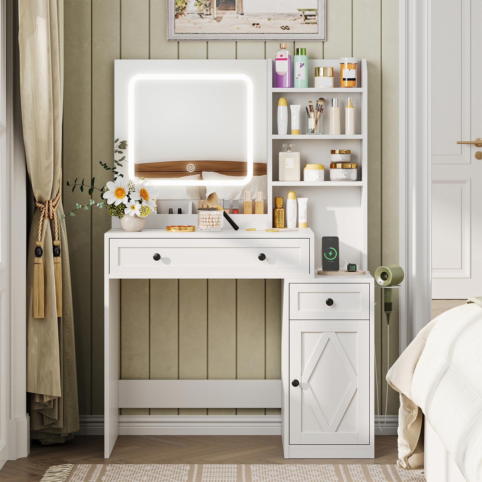 Farmhouse Vanity Desk with Mirror & LED Lights - 35