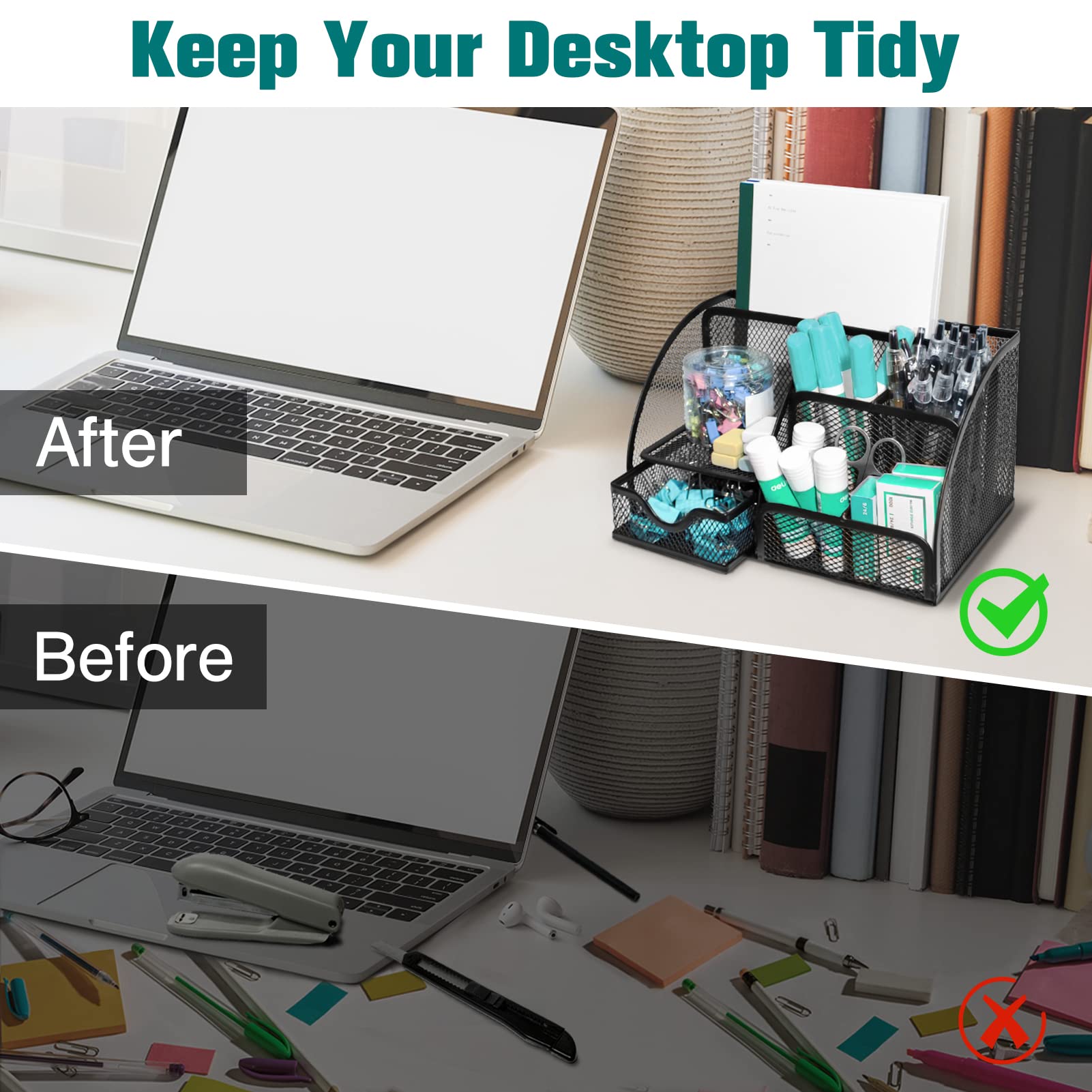 RJOAM Mesh Desk Organizer with Drawer - 6 Compartment Office Supplies Holder for Home, Office, School & Classroom - Black Desktop Organizer Caddy for Pens, Papers, Books & Stationery Storage