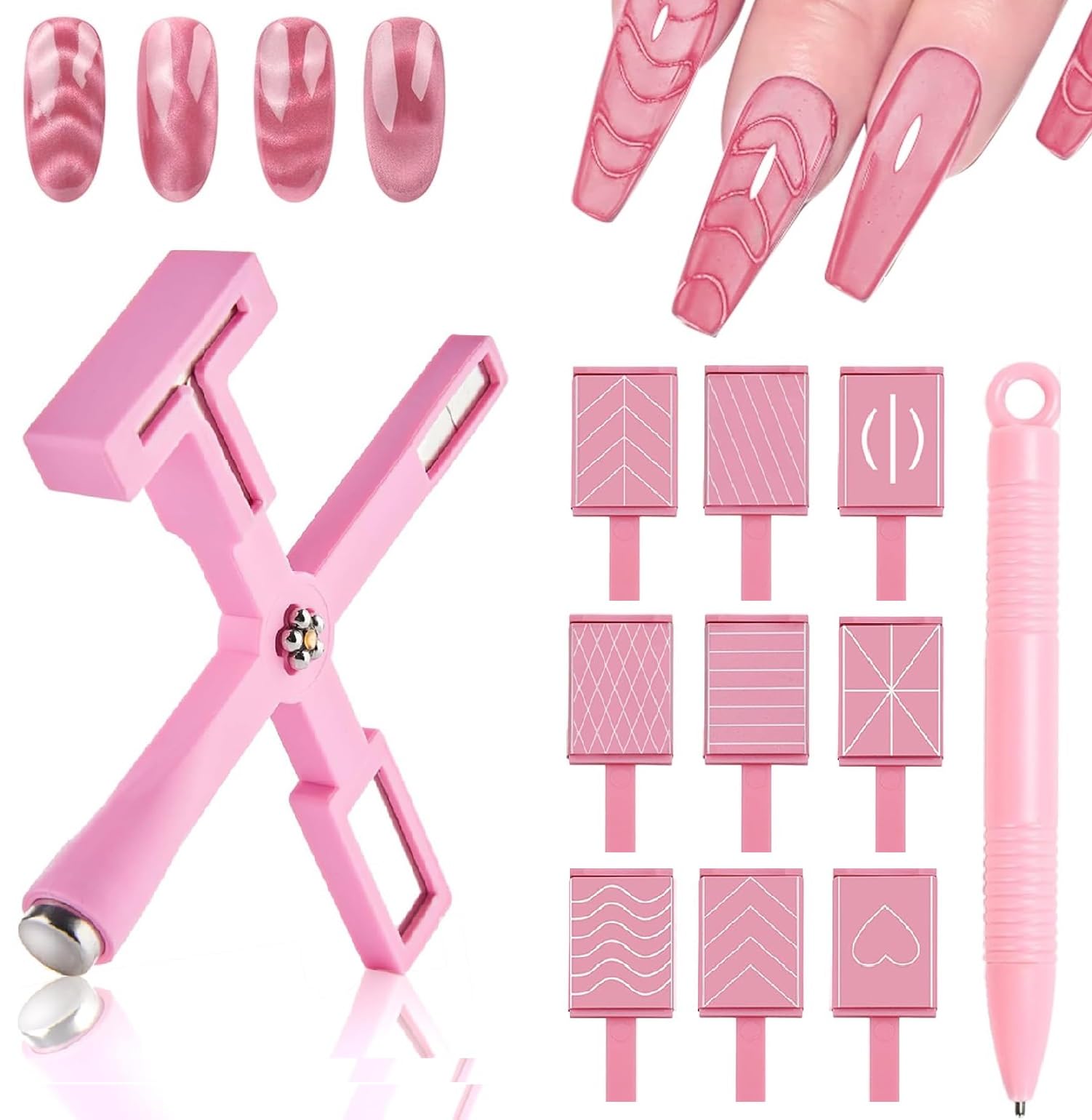 11PCS Cat Eye Gel Nail Polish Kit with 5-in-1 Magnet Tool, 9 Stripe Plates & Magnet Pen - Professional Nail Art Set for Salon & DIY Manicures at Home (Pink) - Perfect for Parties, Weddings & Special Occasions