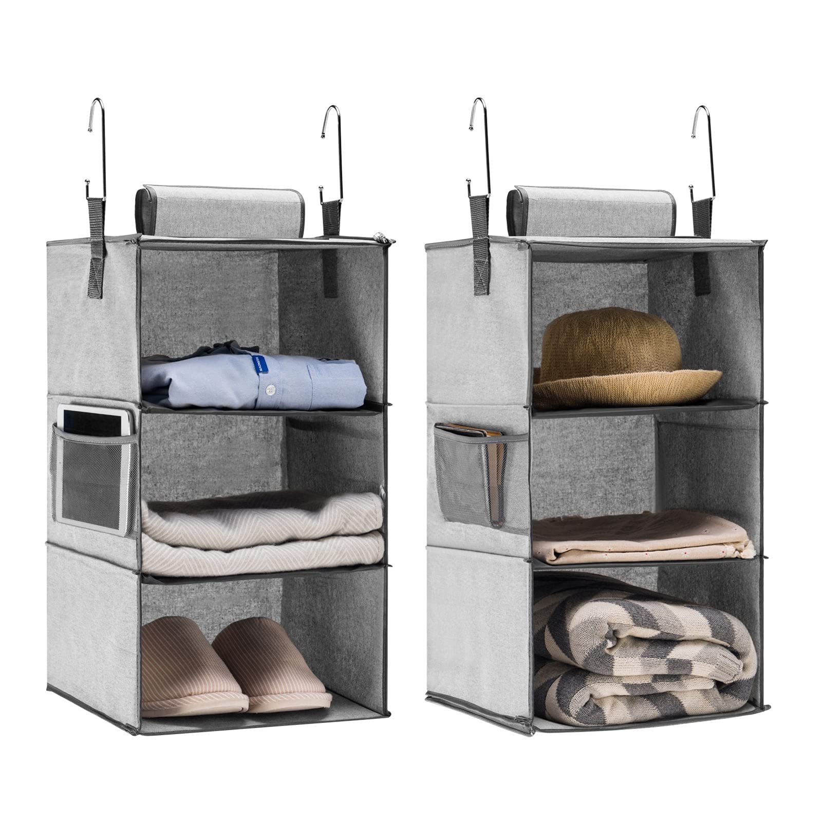 2-Pack Gray Hanging Closet Organizer with 3 Adjustable Shelves - Space Saving Storage for Closet, Dorm, RV, Apartment & Small Spaces - Foldable Shelves for Clothes, Shoes & Accessories Organization