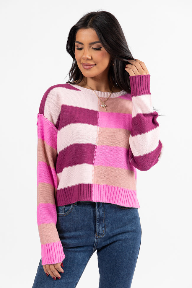 Stylish Pink & Berry Color Block Striped Crop Sweater for Women | Trendy Casual Wear for Spring & Fall | Perfect for Dates, Outings & Layering
