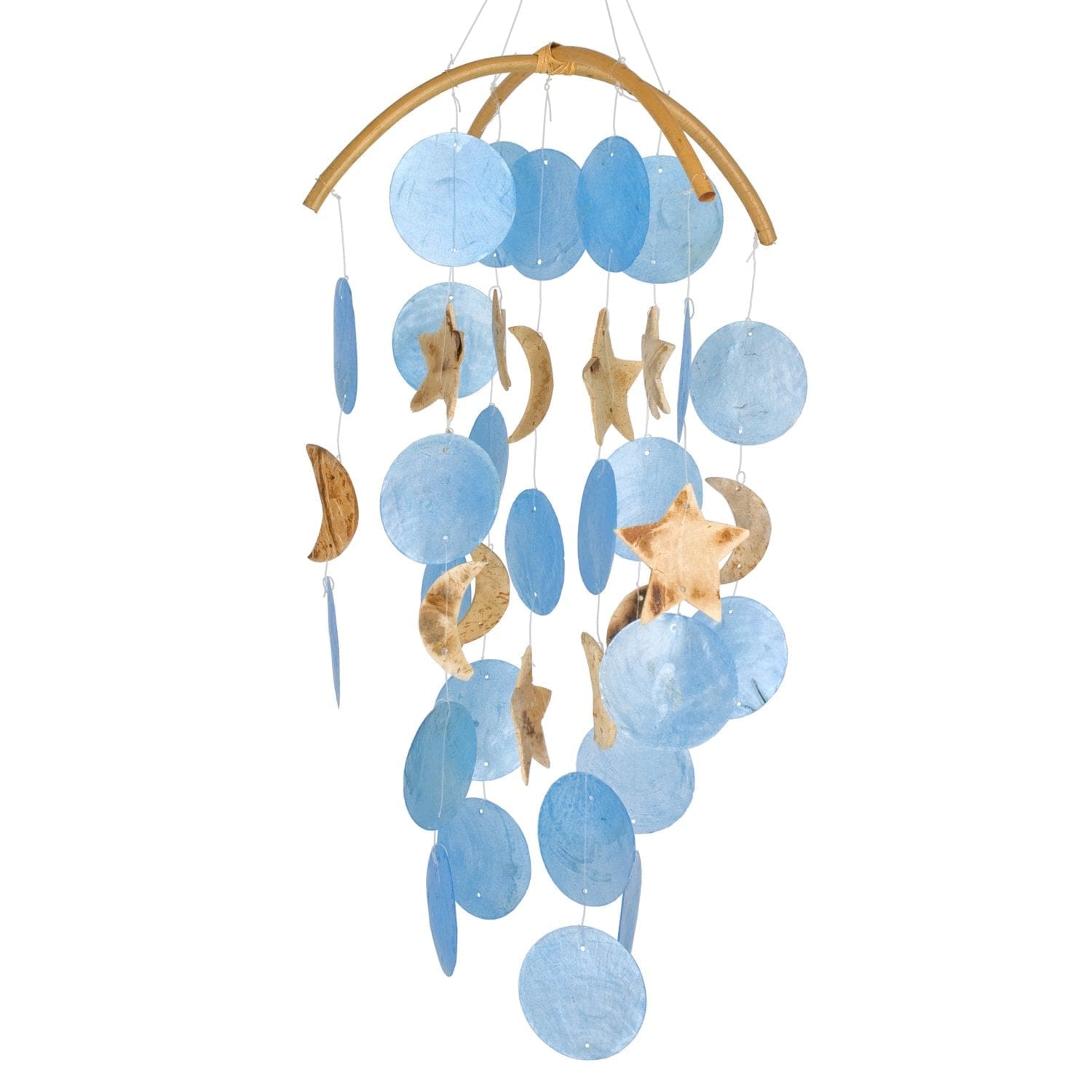 Blue Moon & Stars Capiz Wind Chime - Handmade Outdoor Garden Decor for Relaxing Patio & Porch