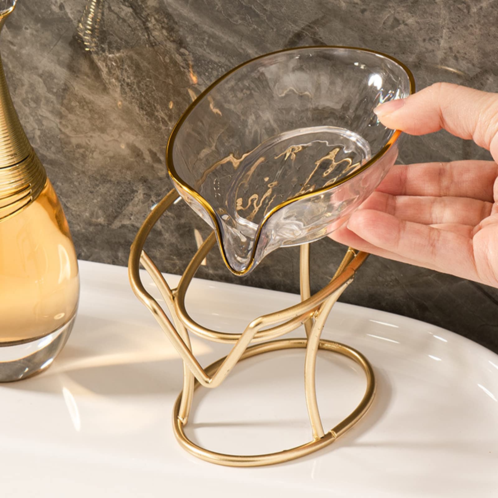 Self-Draining Soap Holder with Gold Iron Frame - Decorative Bathroom & Kitchen Soap Tray - Rustproof Soap Dish for Shower, Sink Countertop - Perfect Home Gift for Modern Bathroom Decor