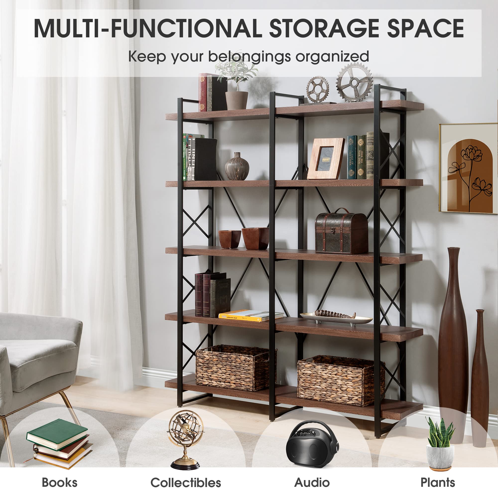 Merax 5-Tier Industrial Bookshelf - X Design Metal Frame Storage Shelf for Home Office, Living Room & Bedroom (Espresso, 71 Inch) - Perfect for Organizing Books, Decor & Office Supplies