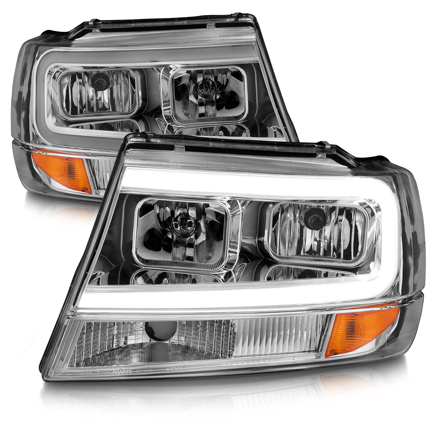 1999-2004 Jeep Grand Cherokee LED Headlights - AmeriLite Crystal Chrome Replacement Light Bar Set (Driver & Passenger Side) | Off-Road & Night Driving Upgrade