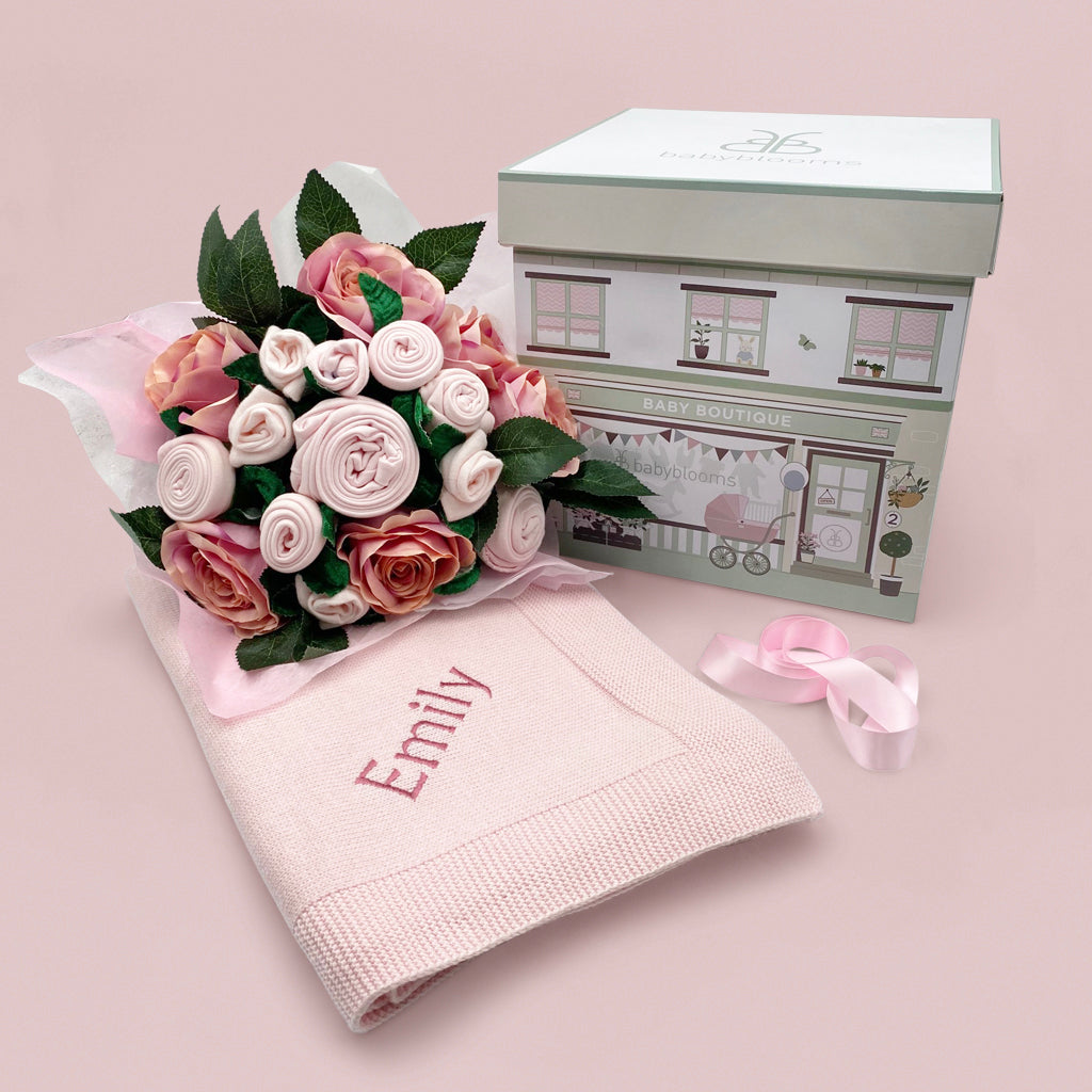 Luxury Rose Baby Clothes Bouquet & Personalized Baby Blanket Set - Pink Baby Shower Gift, Newborn Photo Prop, Christening Present, 1st Birthday Decor