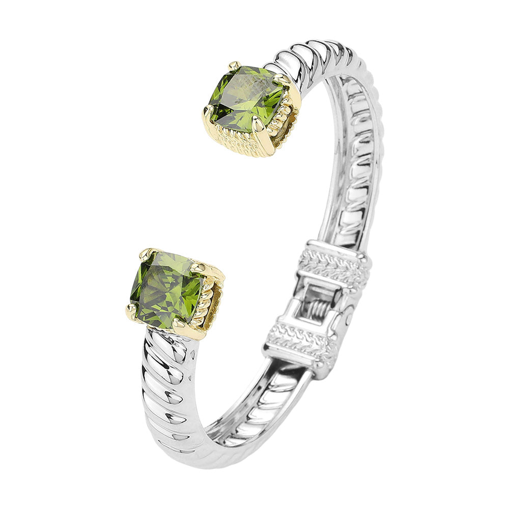 Olive Green CZ Stone Square Tip Two-Tone Twisted Metal Hinged Cuff Bracelet for Women - Elegant Fashion Jewelry Gift for Parties, Weddings & Special Occasions