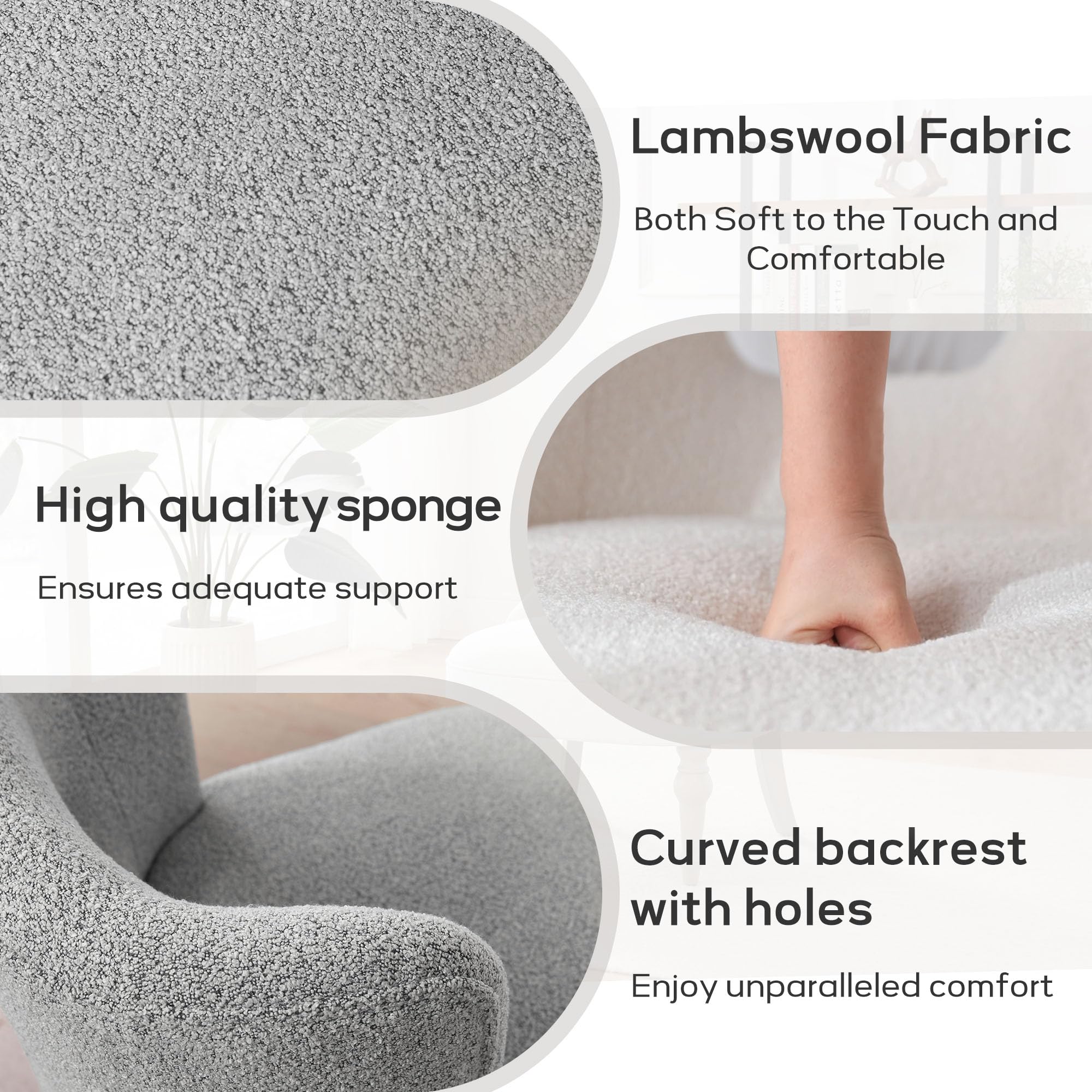 Comfy Armless Accent Chair with Wooden Legs - Upholstered Lamb Fleece Living Room, Bedroom & Office Chair in Grey - Perfect for Small Spaces, Reading Nooks & Cozy Corners