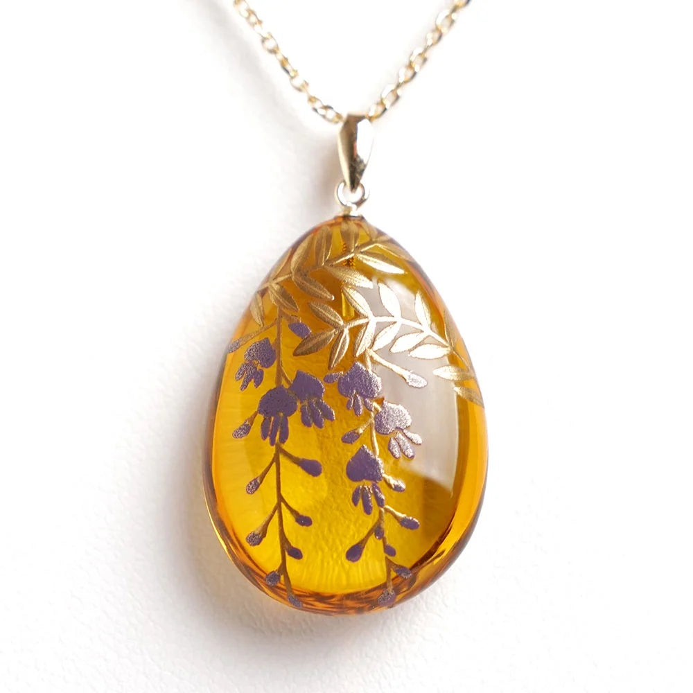 Handcrafted Maki-e Urushi Lacquer Pendant Necklace - Amber & Wisteria Japanese Art Jewelry | Traditional Asian Accessory for Women, Gift for Her, Wedding & Special Occasions