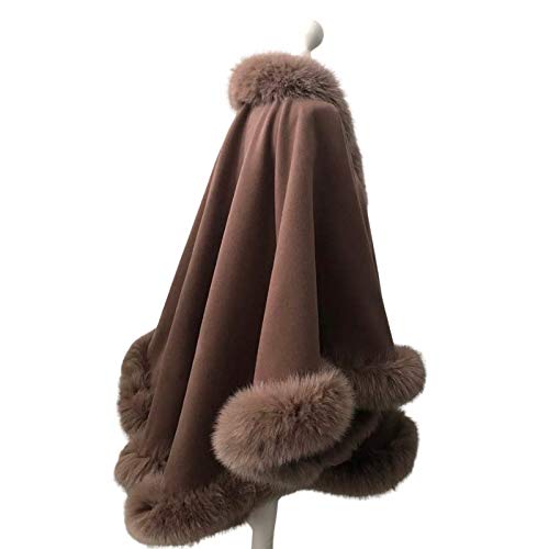 Luxury Brown Women's Winter Coat with Fox Fur Cape Trim - Camel Warm Poncho Jacket with Lining - Tan Heavy Winter Coat for Women | Perfect for Cold Weather, Holiday Outfits & Fashionable Outerwear