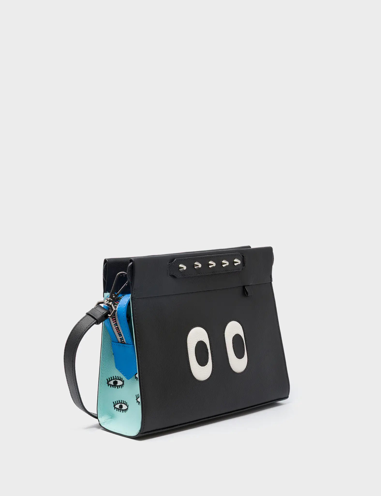 Vali Crossbody Small Black & Water Ballet Blue Leather Bag with All Over Eyes Embroidery - Perfect for Women's Fashion Accessories, Everyday Use & Travel Essentials
