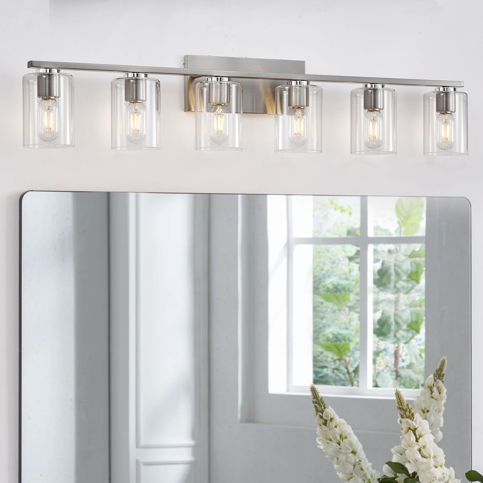 6-Light Brushed Nickel Bathroom Vanity Lighting Fixture with Clear Glass Shade - Modern Mirror Lights for Bathroom, Powder Room & Dressing Area - Perfect for Makeup, Shaving & Grooming