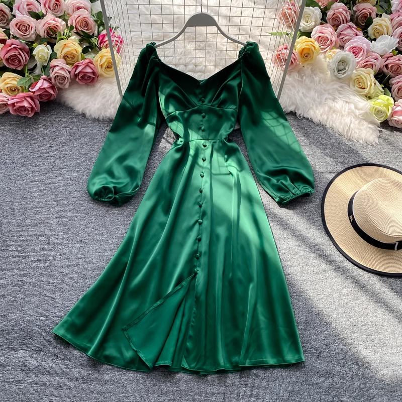 Elegant French Midi V-Neck Long Sleeve Summer Dress for Women - Perfect for Beach Vacations, Garden Parties & Date Nights