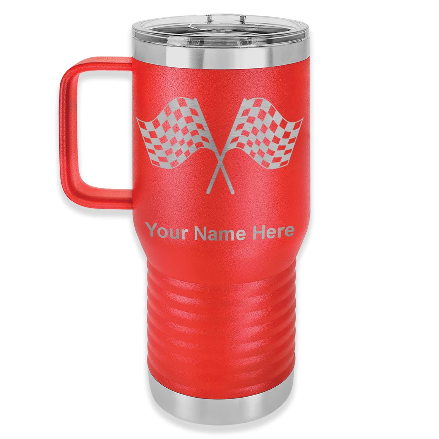 LaserGram 20oz Vacuum Insulated Stainless Steel Travel Mug with Handle - Custom Engraved Racing Flag Design, Leak Proof Coffee Thermos for Car, Office & Outdoor Adventures (Red)