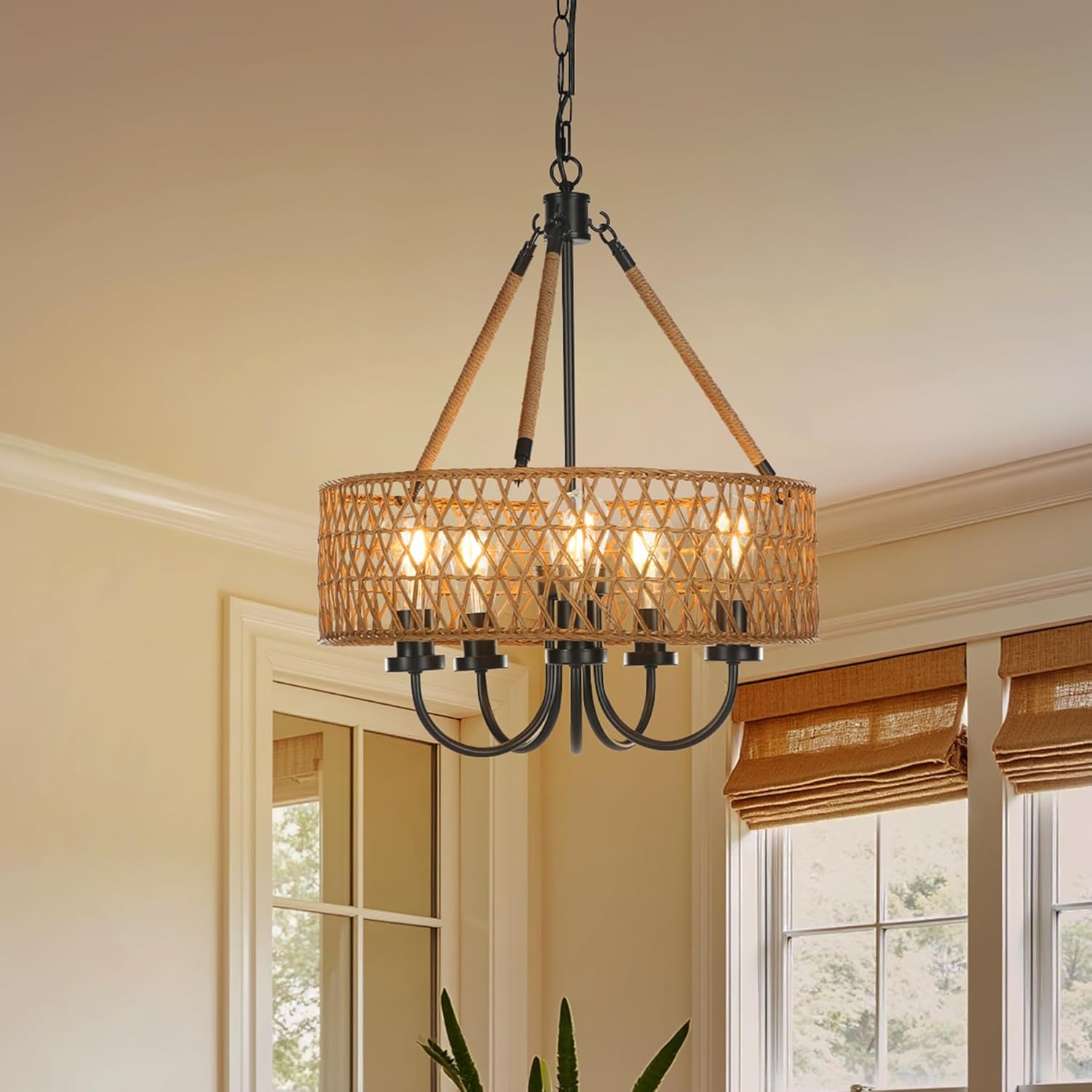 5-Light Chandelier - Handwoven Rattan Boho Pendant Lighting Fixture for Dining Room, Bedroom or Living Room Decoration