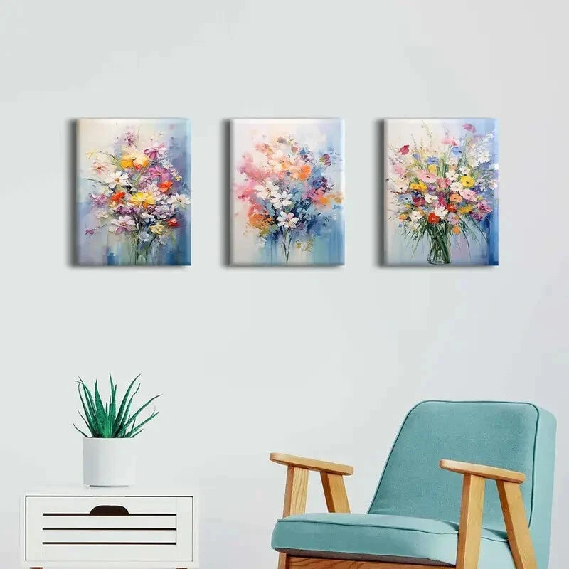 3-Piece Vibrant Abstract Wildflower Metal Wall Art - Ready to Hang Canvas Prints for Living Room, Bedroom & Office Decor - Modern Home & Office Wall Decorations