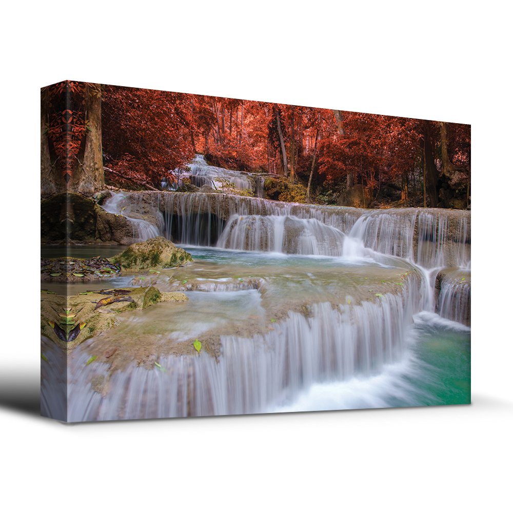 Secluded Waterfall Surrounded by Red Trees - Wall26 Canvas Wall Art for Living Room Decor, 32x48 Inches - Nature Landscape Painting for Home, Office & Bedroom