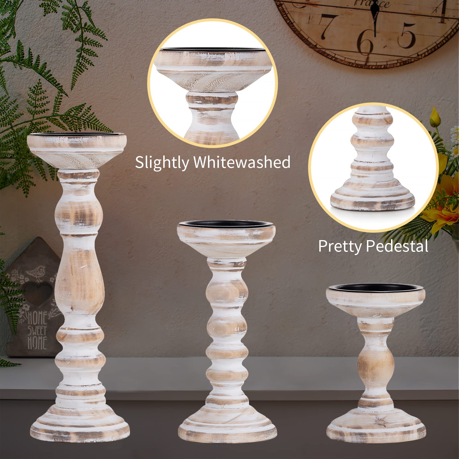 Romadedi Set of 3 Wooden Candle Holders for Pillar Candles - Rustic Farmhouse Style Candlestick Stand (6”, 8.3”, 12”) - Whitewashed Wood Candle Stand for Fireplace, Mantle, End Table, Shelf - Perfect for Home Decor, Wedding Centerpieces & Cozy Ambiance