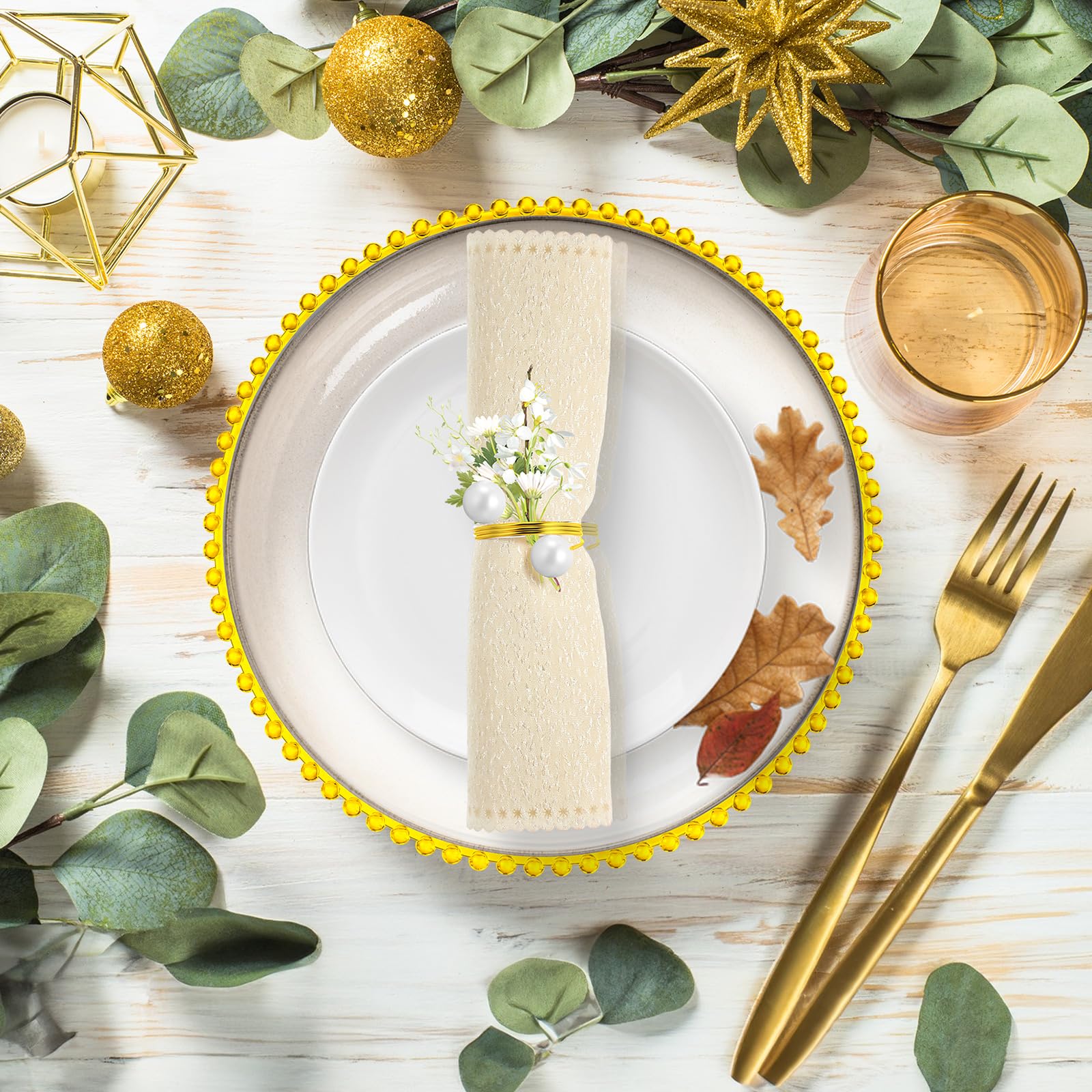 50-Pack Clear & Gold Beaded Plastic Charger Plates 13 Inch with Napkin Rings - Acrylic Round Dinner Plates for Wedding, Party & Special Events - Elegant Table Decor for Formal Dining & Celebrations